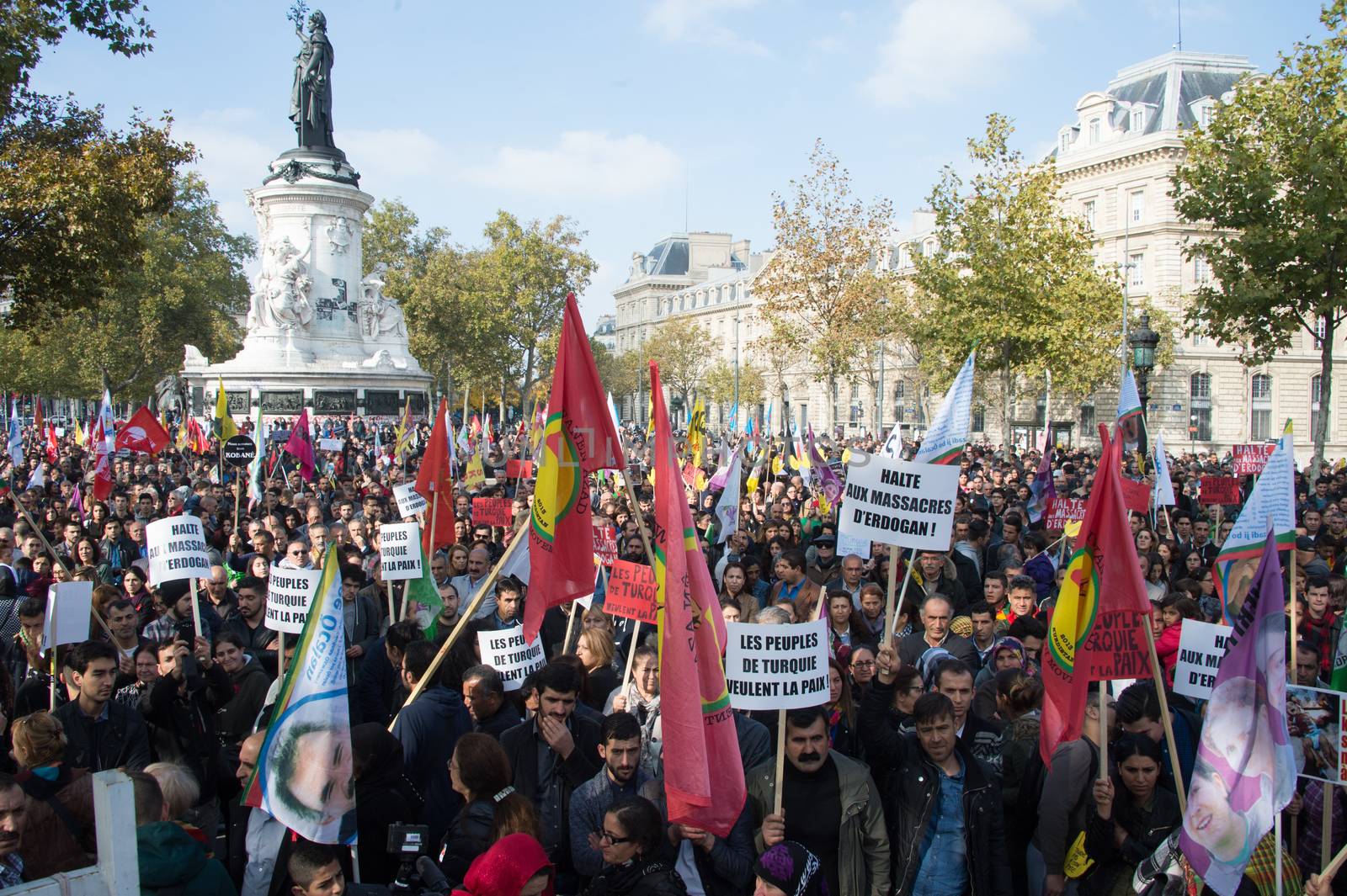 FRANCE, Paris : Hundreds of protesters gather in Place de la R�publique in Paris on October 11, 2015, for the second time after the terror attack in Ankara, in tribute to the victims of the twin explosion in Turkish capital city. On October 11, 2015, at least 95 people died after a twin explosion in the center of the capital city in Turkey. The Turkish government declared three days of mourning and said that it won't delay legislative elections expected for November 1st, 2015. 
