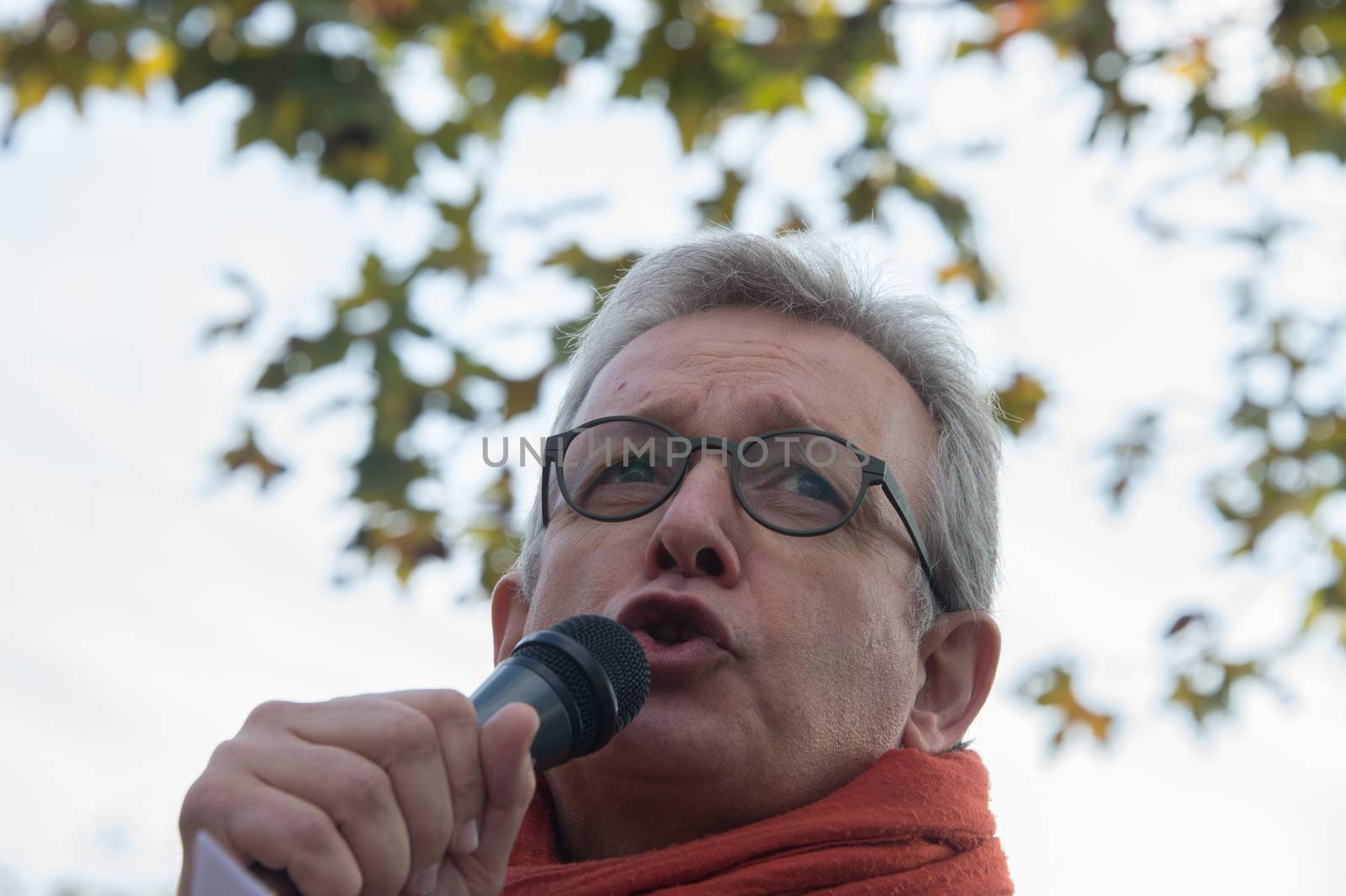 FRANCE, Paris : National head of Communist party Pierre Laurent makes a speech while protesters gather in Place de la R�publique in Paris on October 11, 2015, for the second time after the terror attack in Ankara, in tribute to the victims of the twin explosion in Turkish capital city. On October 11, 2015, at least 95 people died after a twin explosion in the center of the capital city in Turkey. The Turkish government declared three days of mourning and said that it won't delay legislative elections expected for November 1st, 2015. 