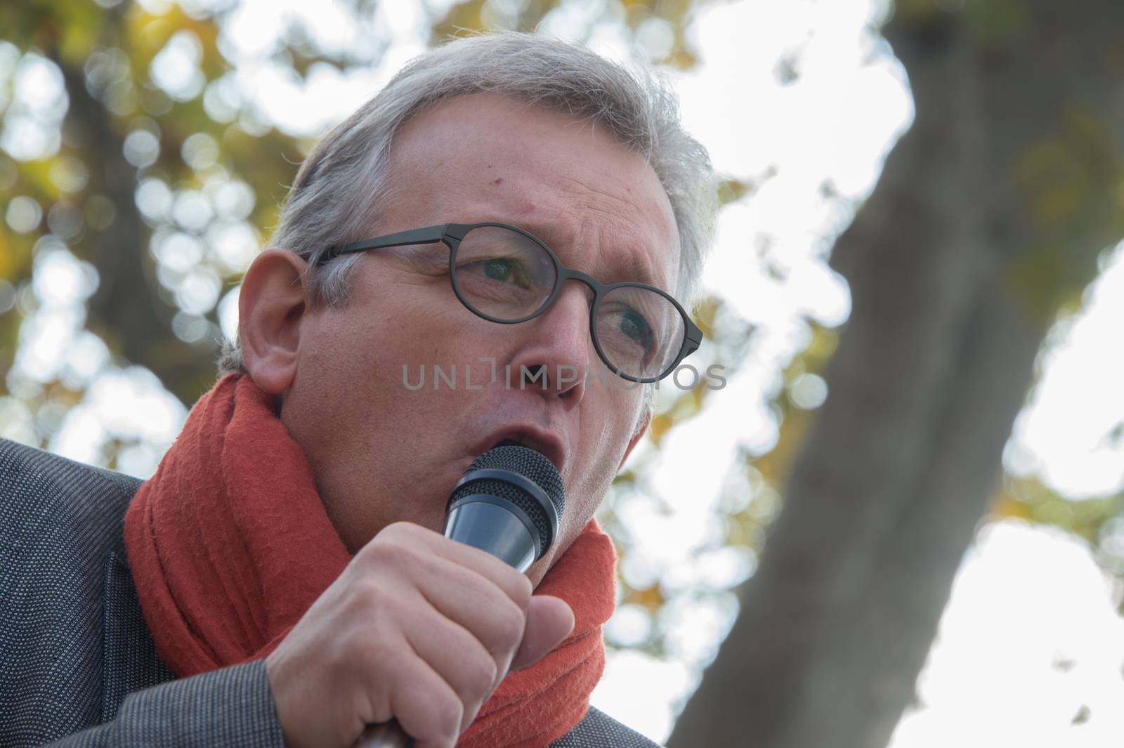FRANCE, Paris : National head of Communist party Pierre Laurent makes a speech while protesters gather in Place de la R�publique in Paris on October 11, 2015, for the second time after the terror attack in Ankara, in tribute to the victims of the twin explosion in Turkish capital city. On October 11, 2015, at least 95 people died after a twin explosion in the center of the capital city in Turkey. The Turkish government declared three days of mourning and said that it won't delay legislative elections expected for November 1st, 2015. 