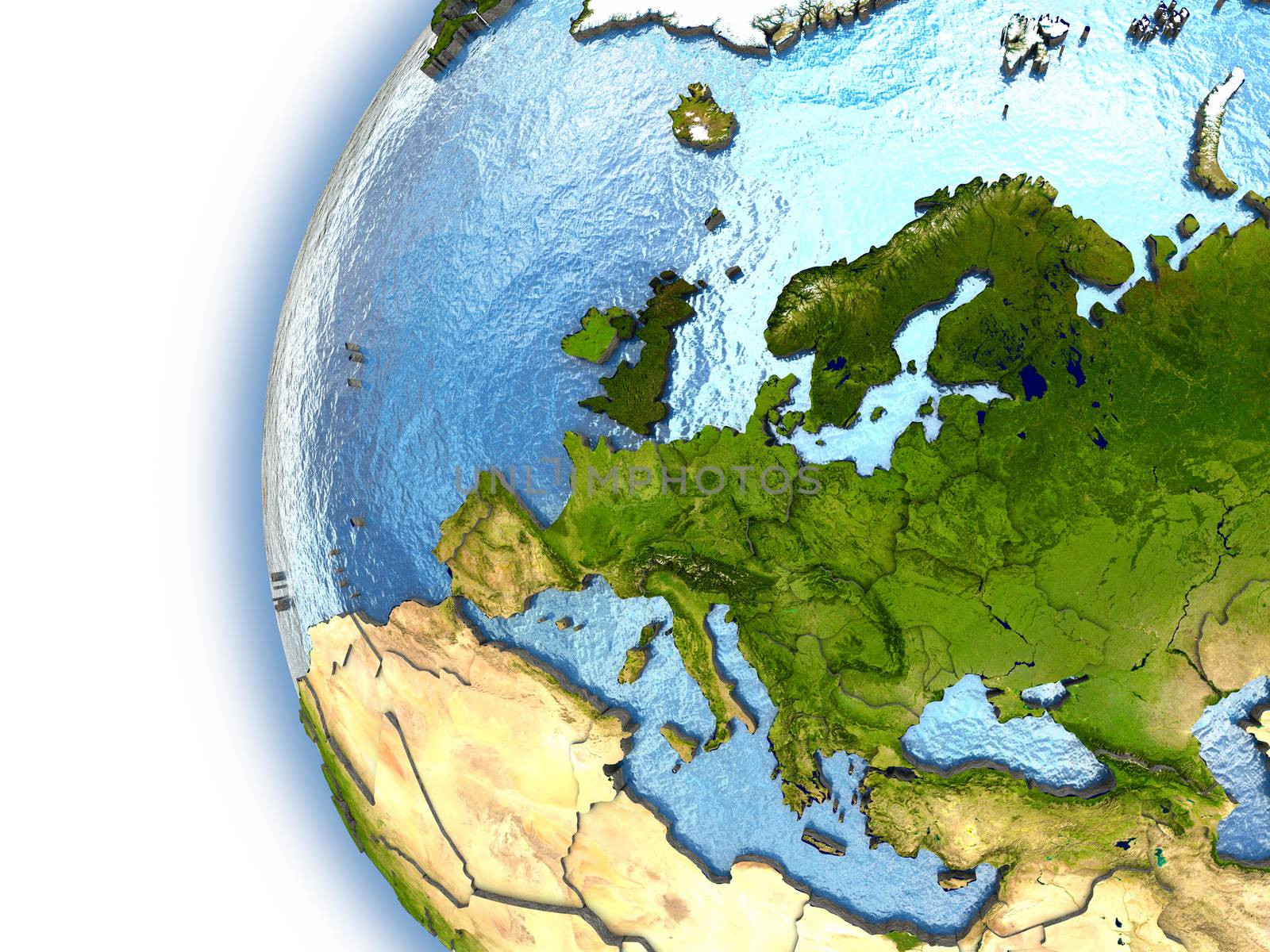 Planet Earth with embossed continents and country borders. Europe. Elements of this image furnished by NASA.