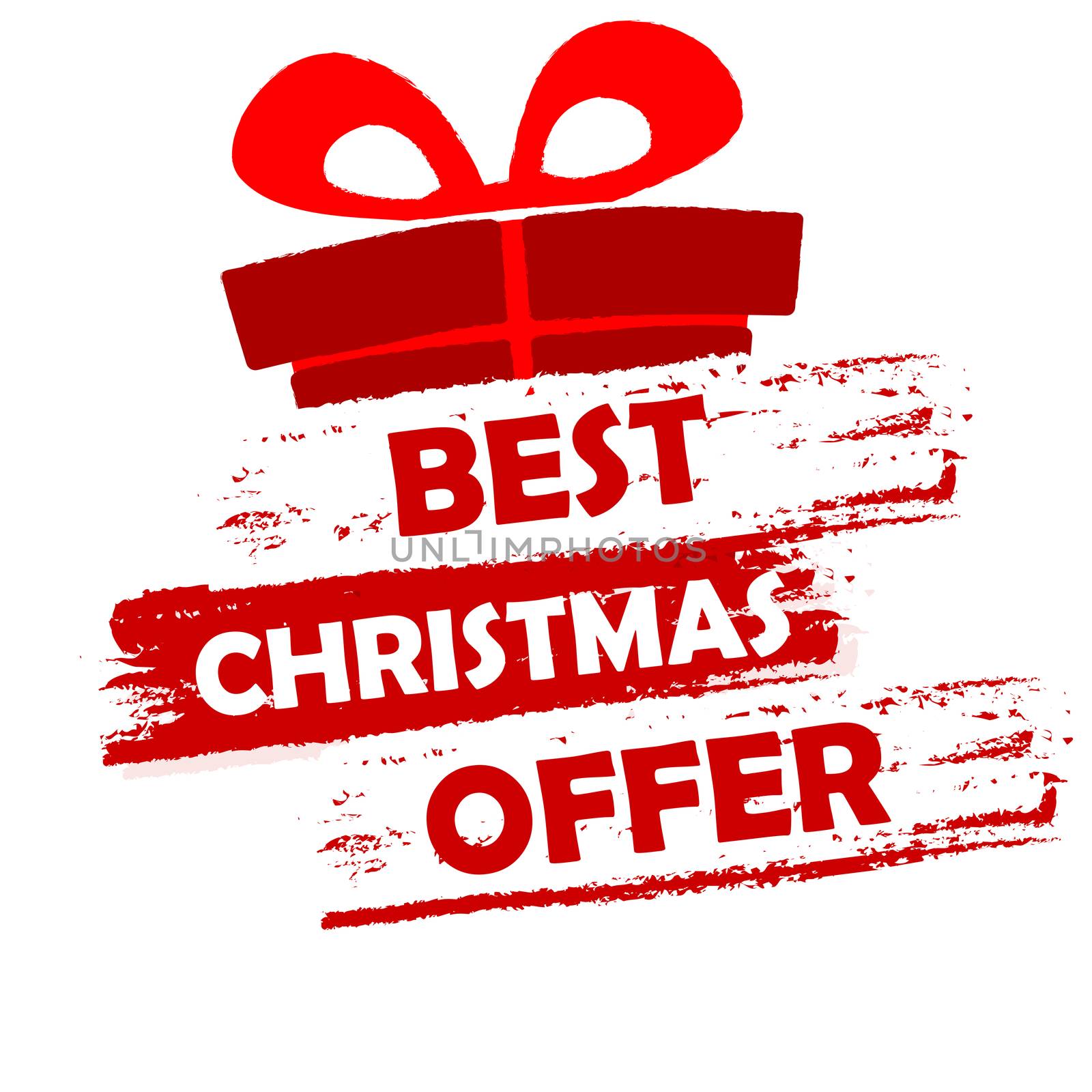 best christmas offer banner - text in red and white drawn label with gift symbol, business seasonal shopping concept