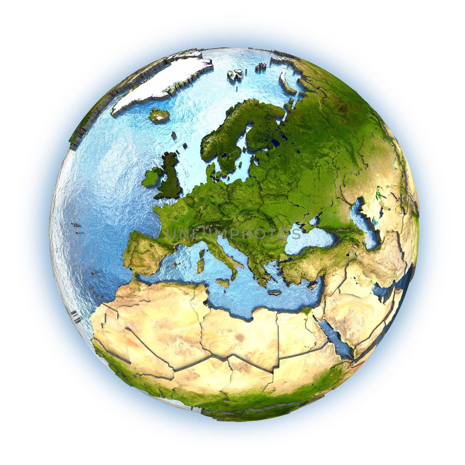 Planet Earth with embossed continents and country borders. Europe. Isolated on white background. Elements of this image furnished by NASA.
