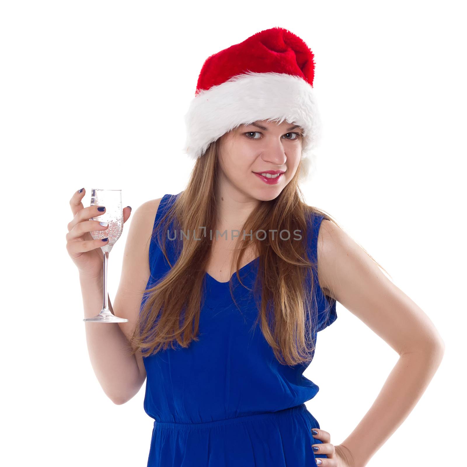 christmas woman beautiful smiling with glass of champagne santa's hat isolated by victosha