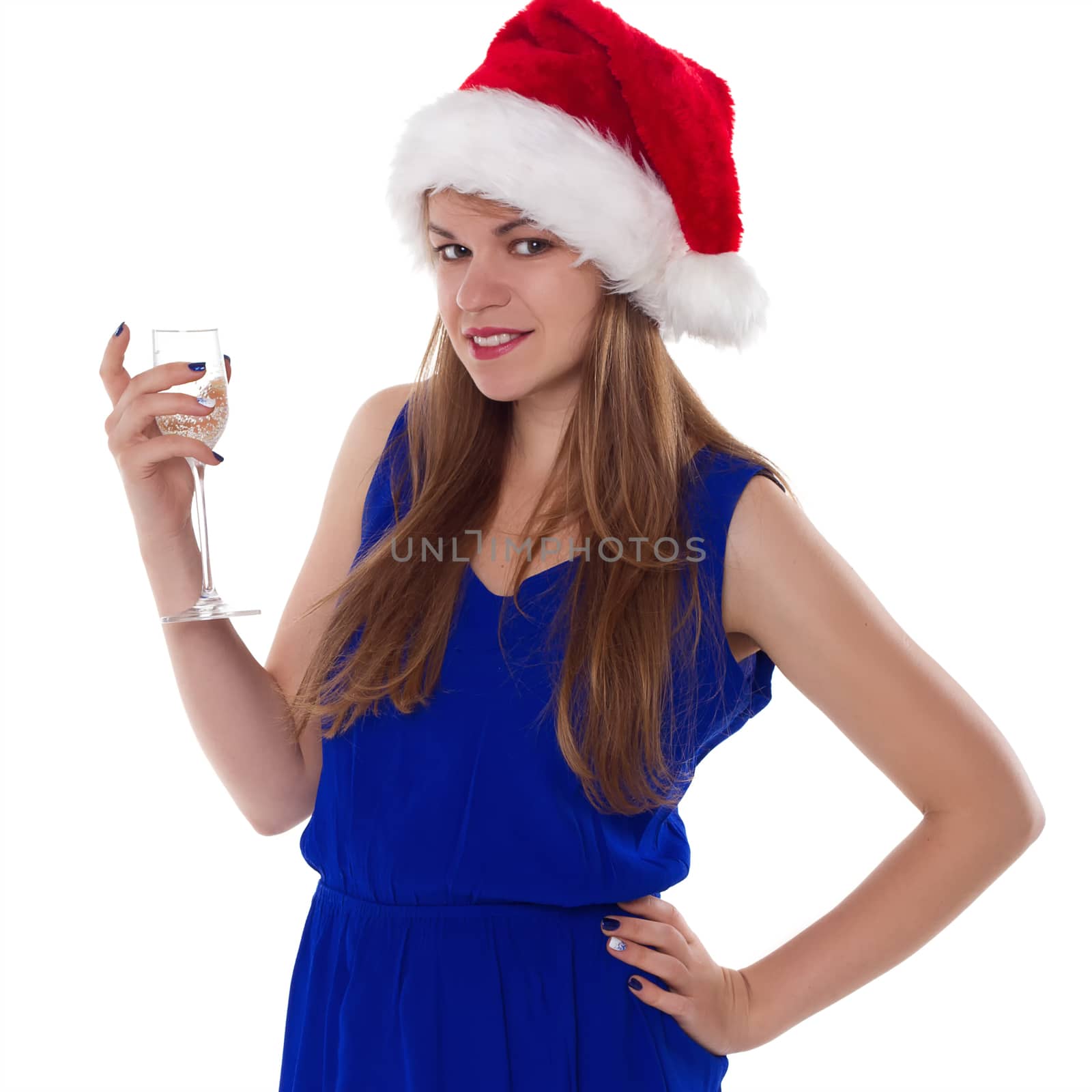 christmas woman beautiful smiling with glass of champagne santa's hat isolated on white background