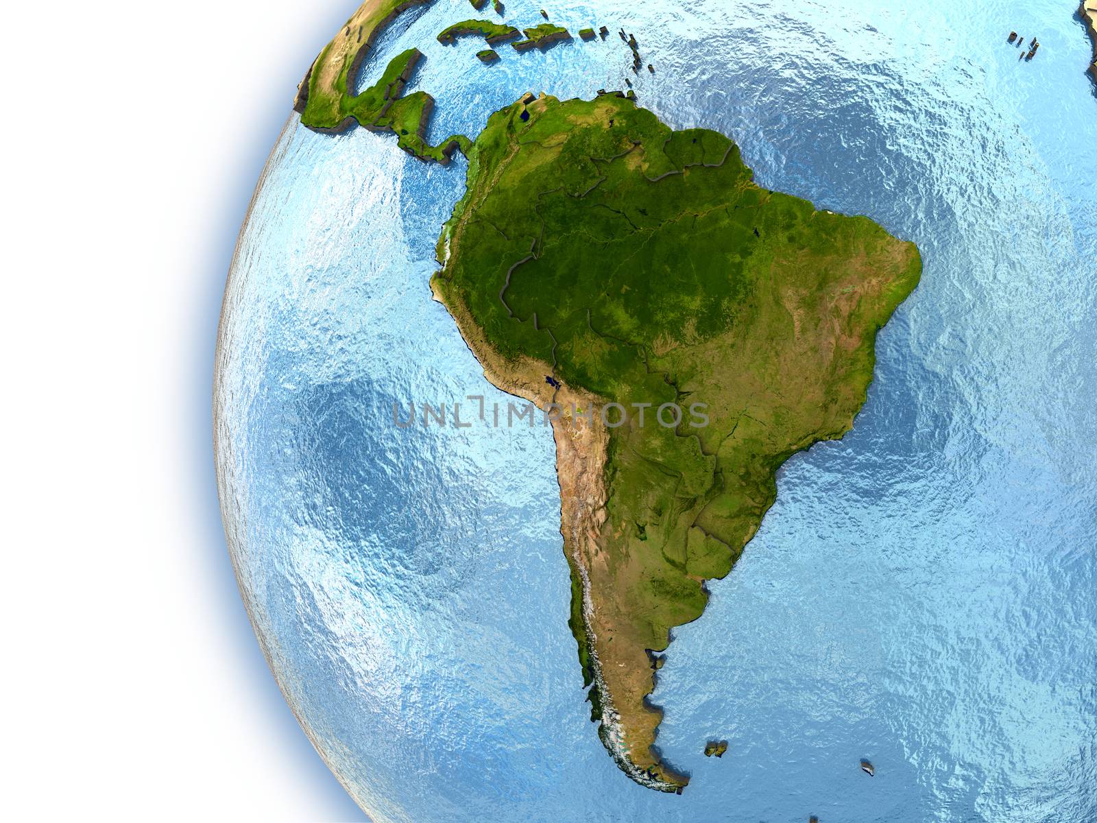 Planet Earth with embossed continents and country borders. South America. Elements of this image furnished by NASA.
