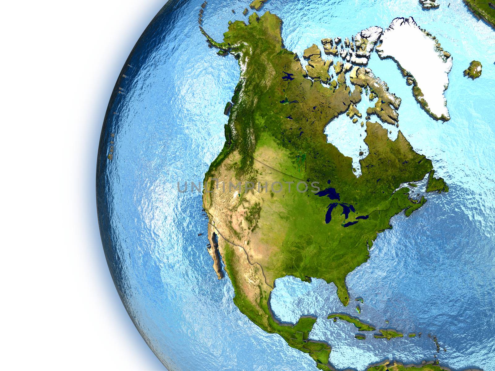 Planet Earth with embossed continents and country borders. North America. Elements of this image furnished by NASA.