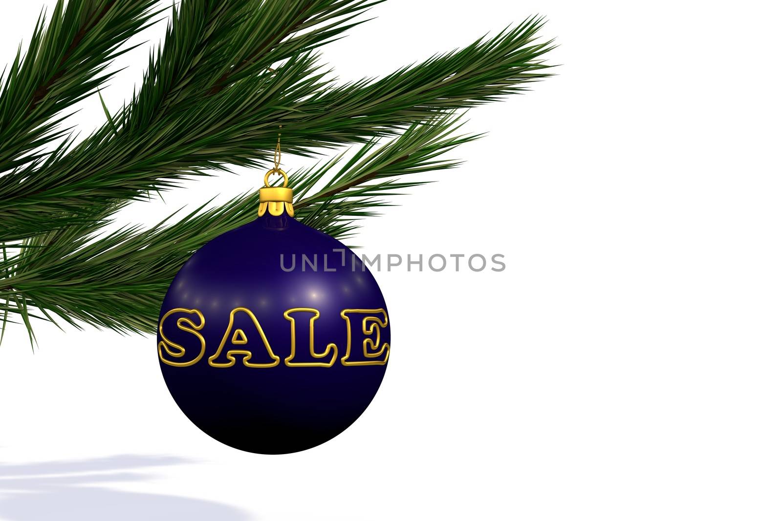blue Christmas decoration ball sale on Christmas tree branch isolated on white