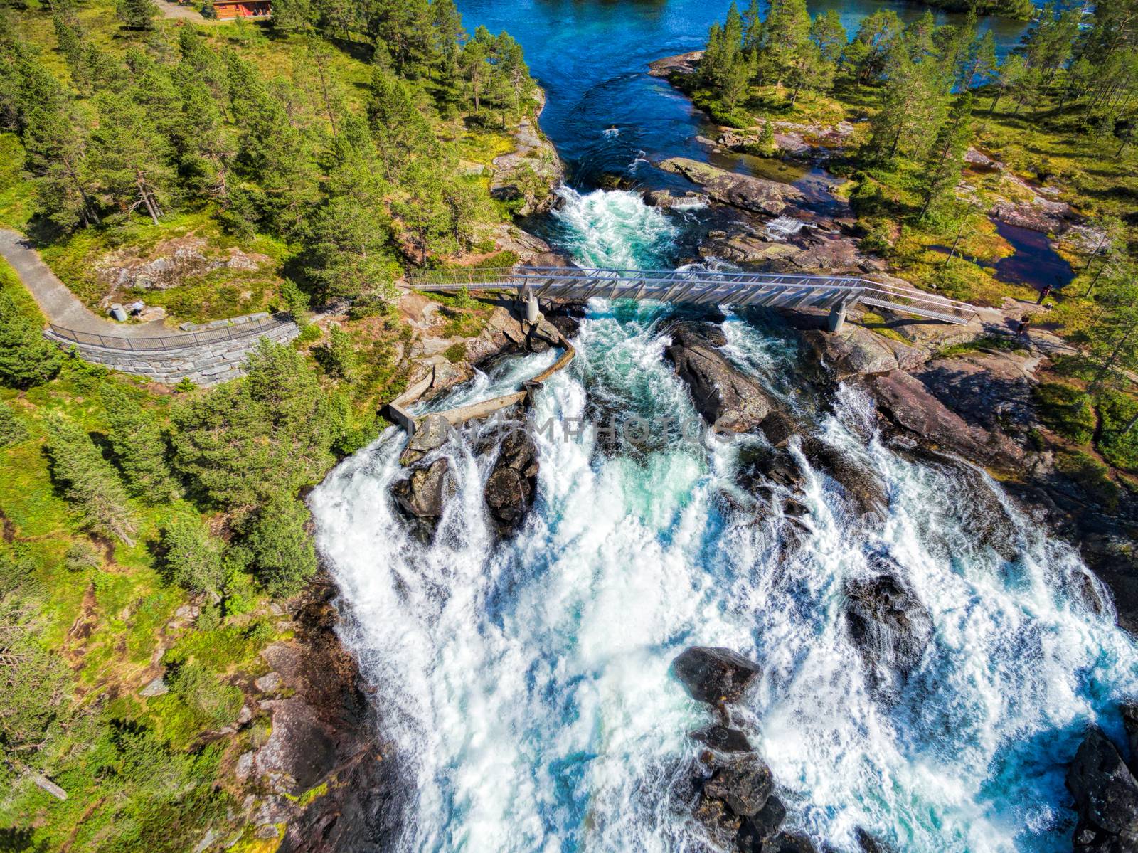 Aerial view of popular norwegian waterfalls Likholefossen