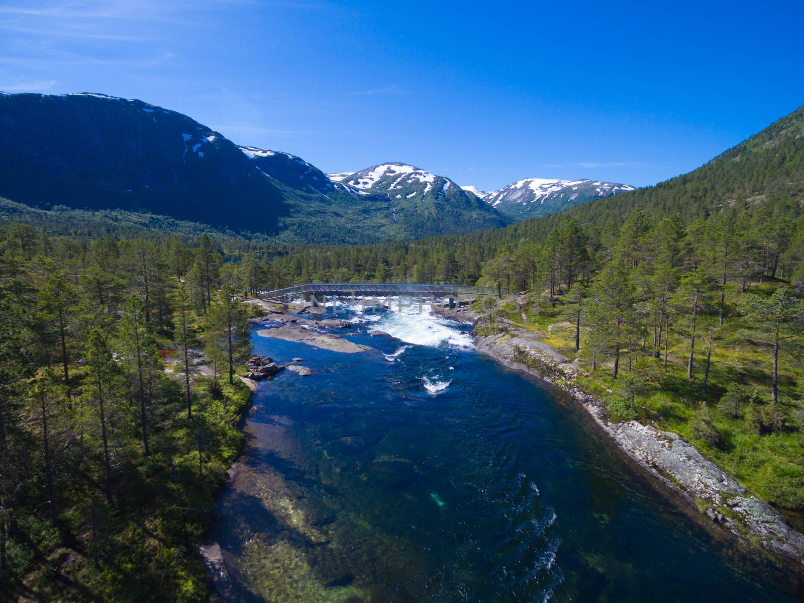 River leading to popular norwegian waterfalls Likholefossen seen from air