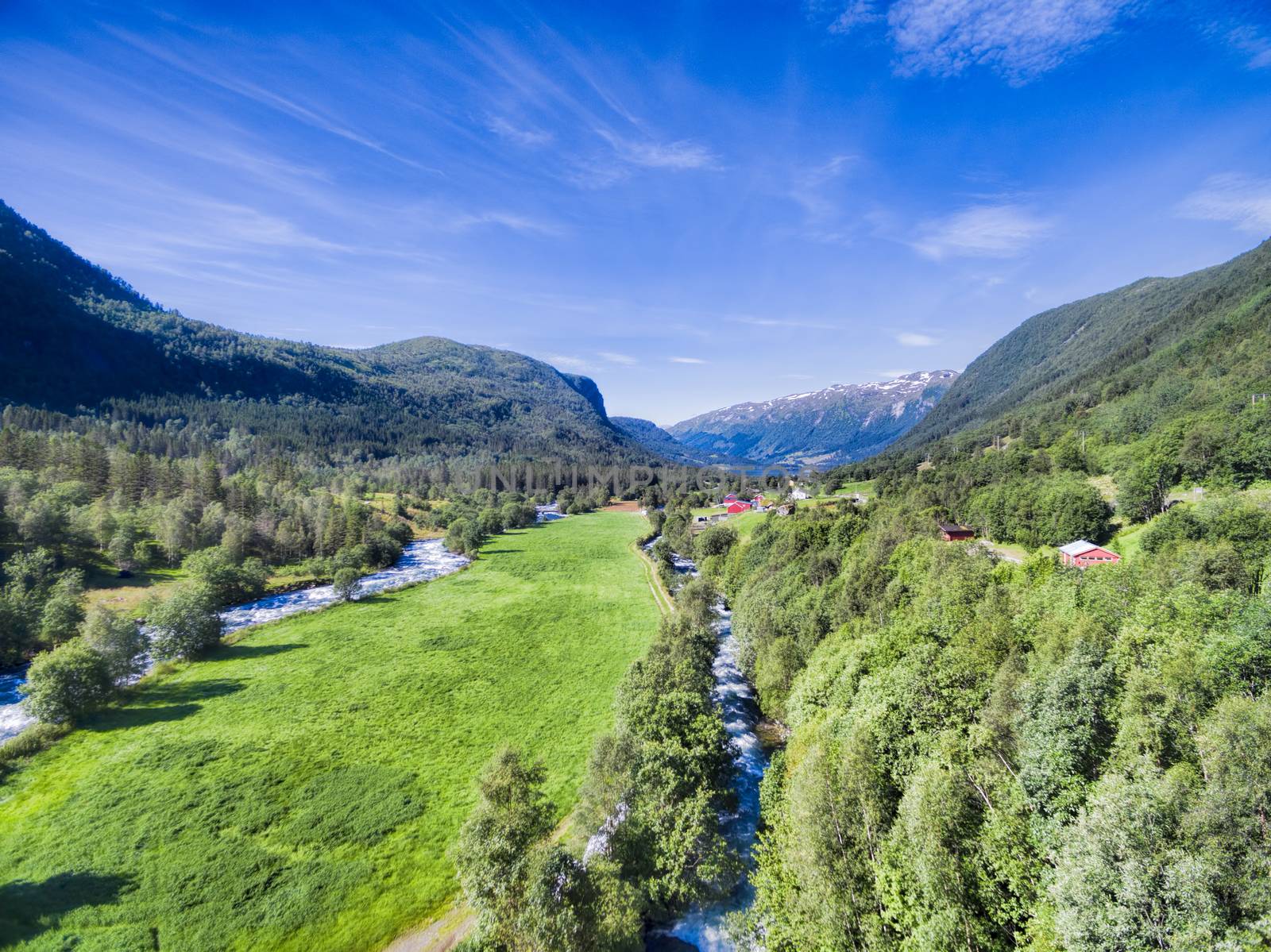 Scenic aerial view of summer in green valley with streams in Norway