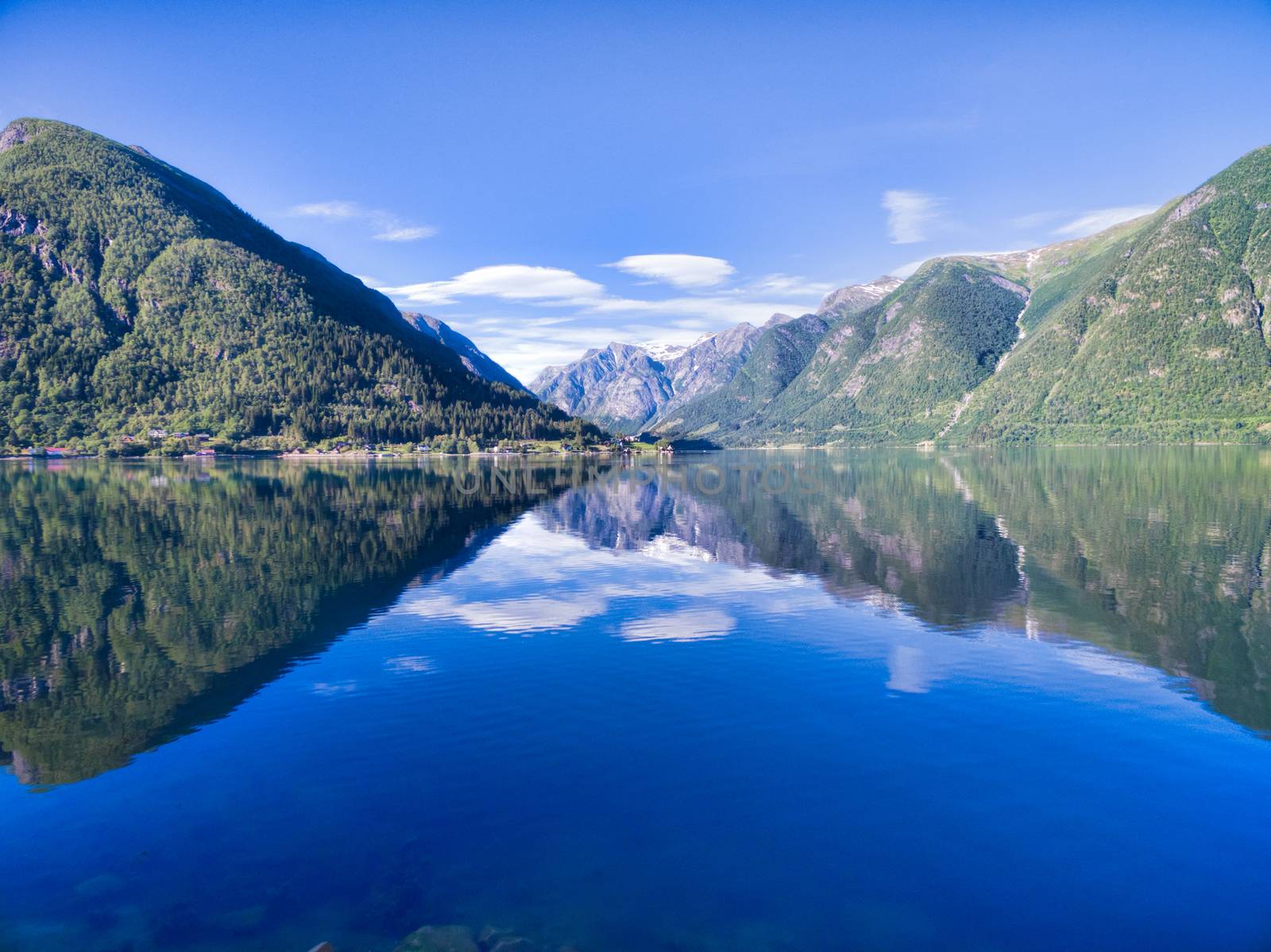 Scenic view of picturesque norwegian fjord surrounded by mountains