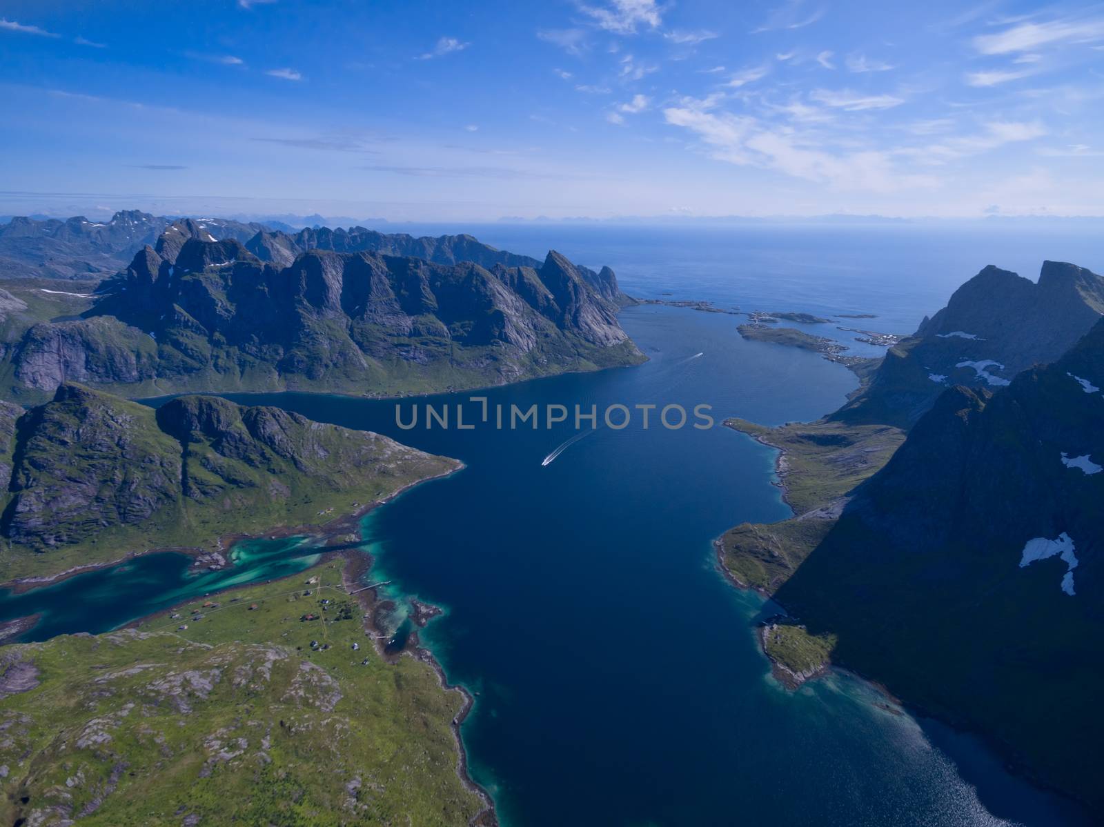 Aerial scenic view of Reinefjorden, beautiful fjord on Lofoten islands in Norway