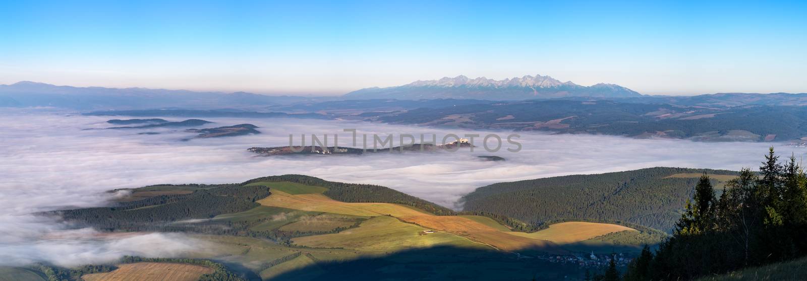 Panoramic landscape view of meadows, castle and mountain range,  by martinm303