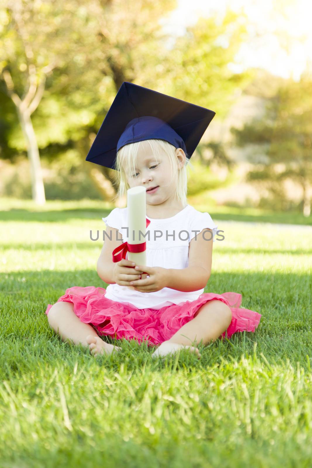Cute Little Girl In Grass Wearing Graduation Cap Holding Diploma With Ribbon.