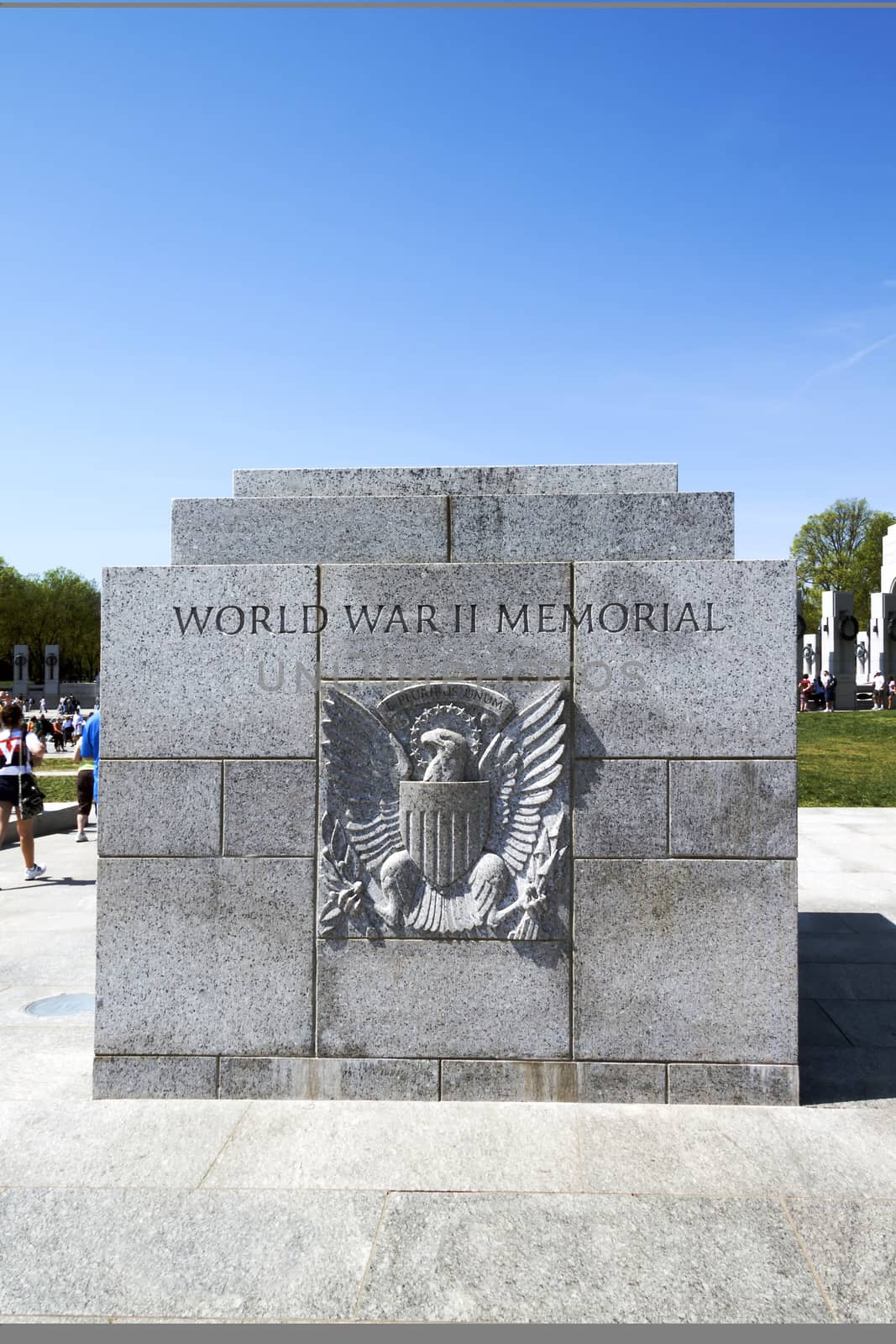 Stone plaque to The National World War II Memorial in Washington D.C., USA