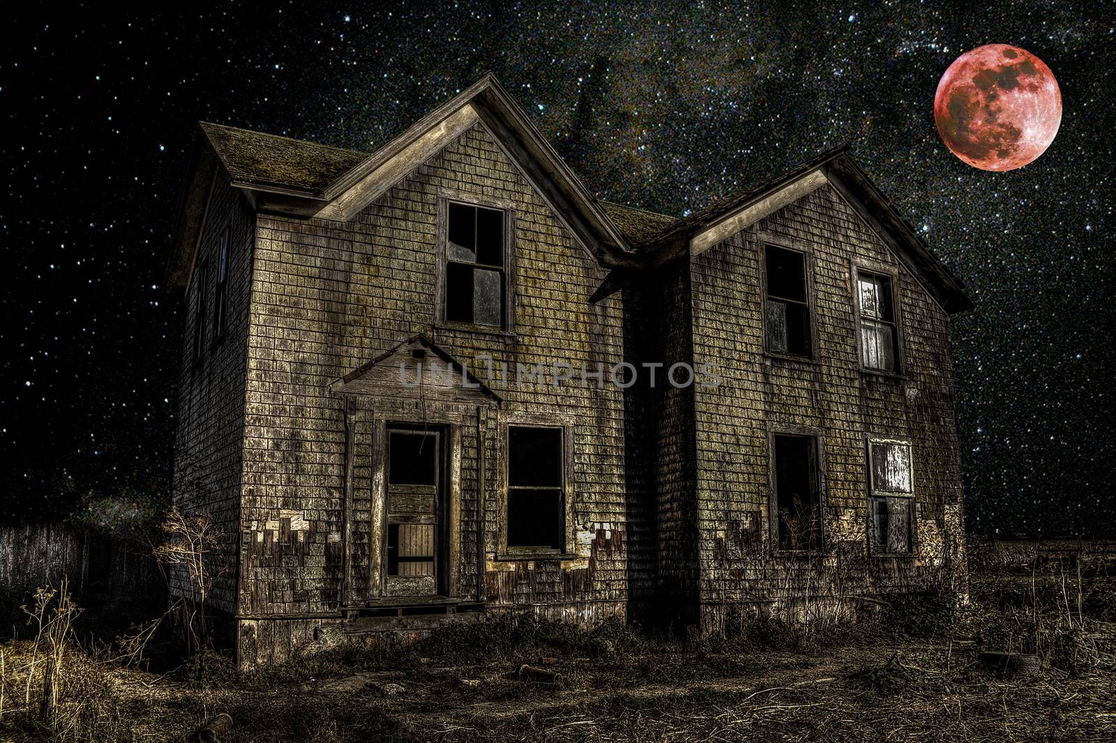 Haunted House with Blood Moon, Color Image, Night