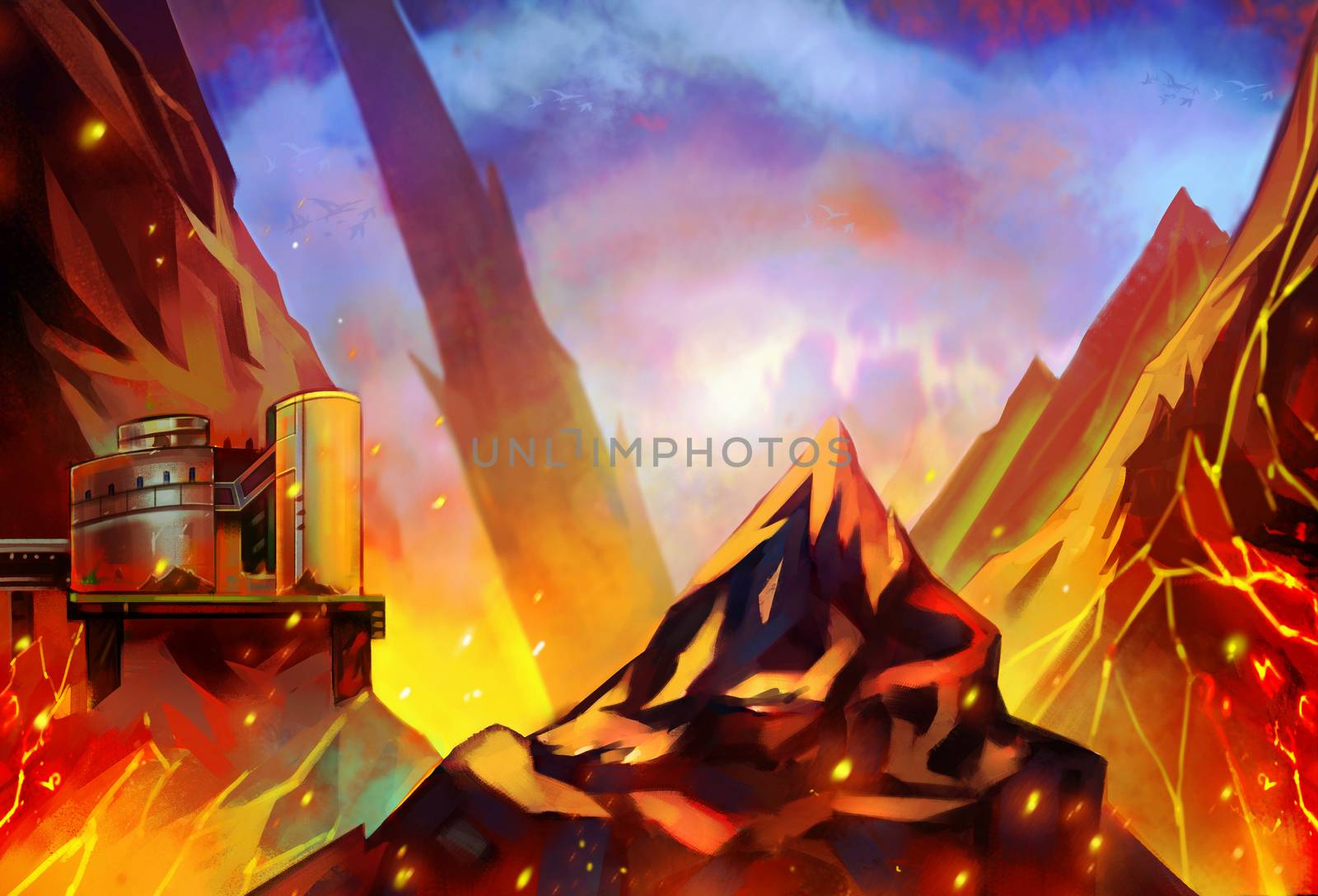Illustration: The Burning Energy Stock hidden in the Mountain. Sci-Fi Topic. Scene Design. Fantastic / Realistic Style