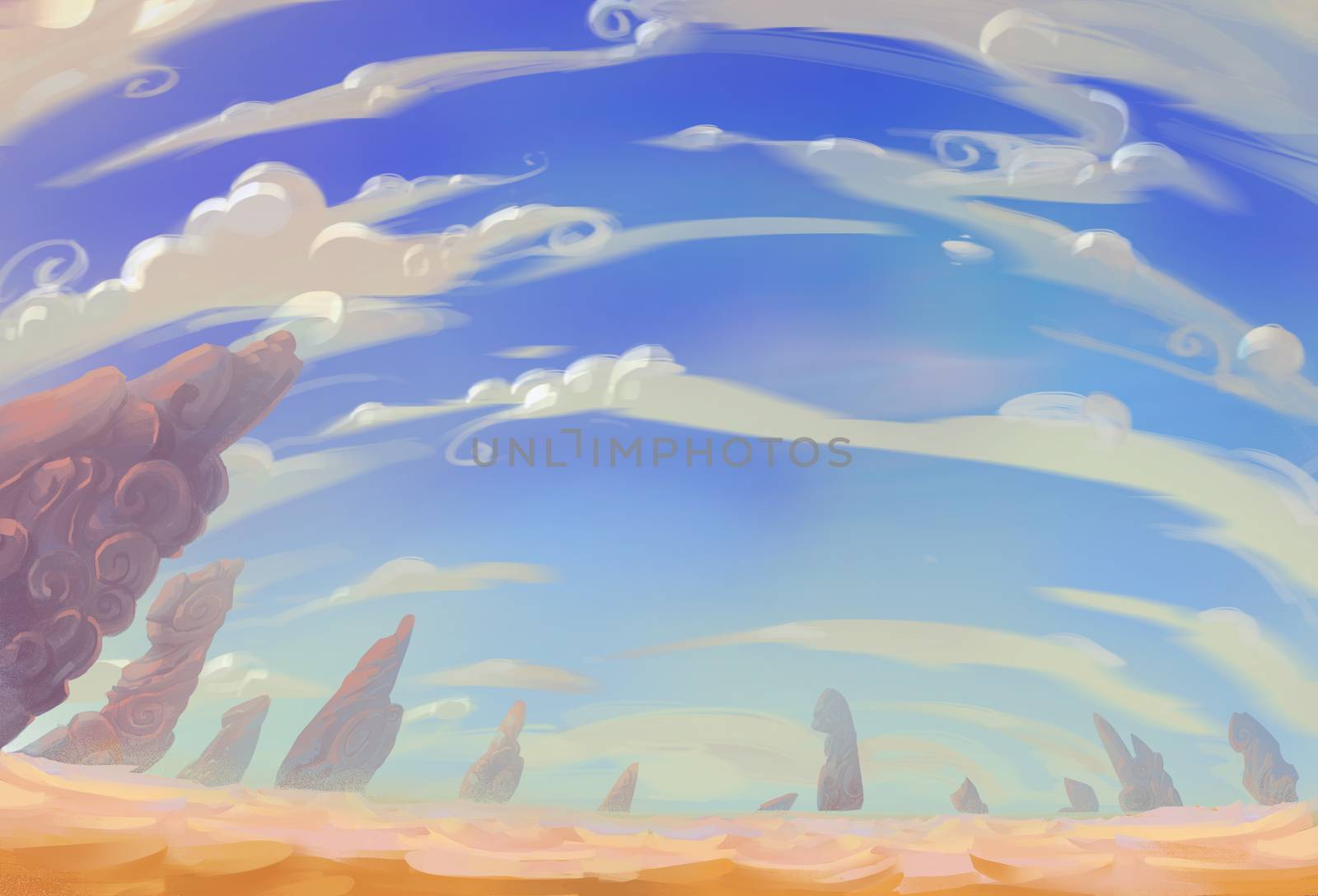 Illustration: The Desert View with different combination: White Cloud, Blue Sky, Shifting Sand, Weird Stone Pillars. Fantastic Realistic Cartoon Style. Wallpaper Background Scene Design. by NextMars