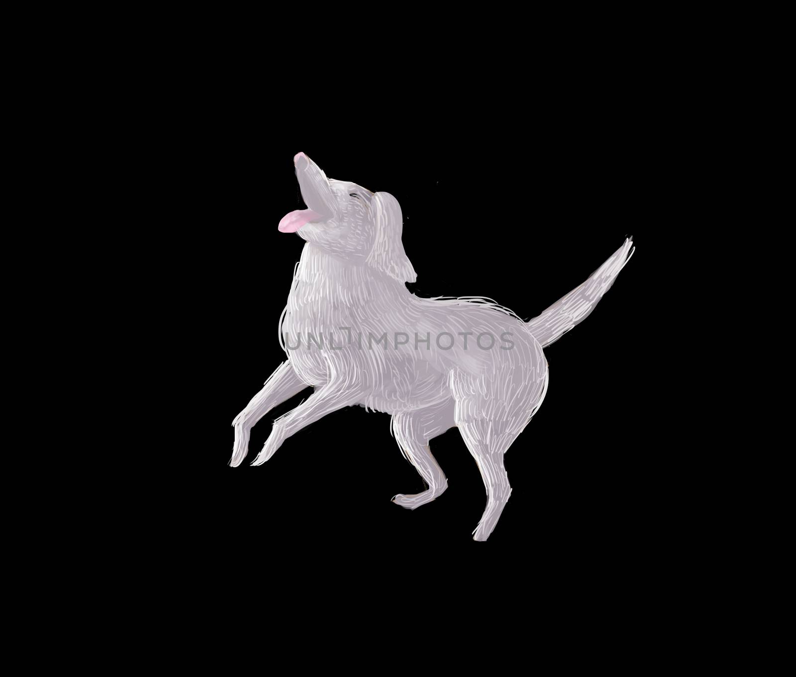 Illustration: The Dog of the Excited Adventure Boy in a black background. Fantastic Realistic Cartoon Style. Creature / Character Leading Role Design.