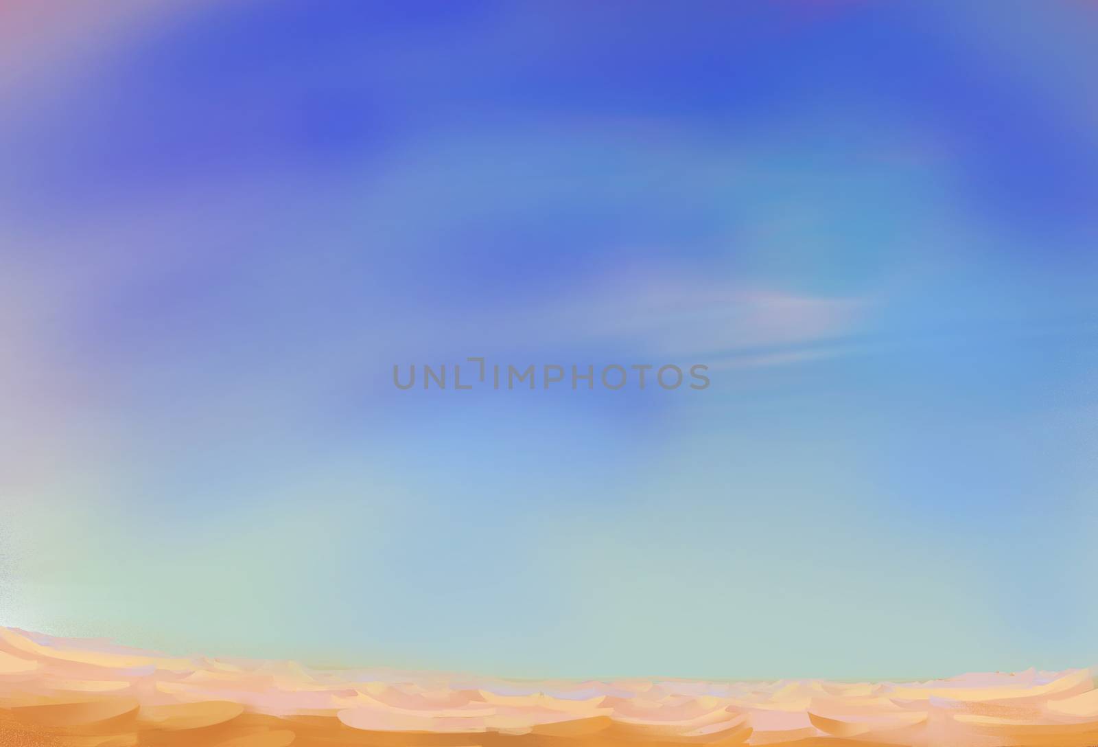 Illustration: The Desert View with different combination: White Cloud, Blue Sky, Shifting Sand, Weird Stone Pillars. Fantastic Realistic Cartoon Style. Wallpaper Background Scene Design.