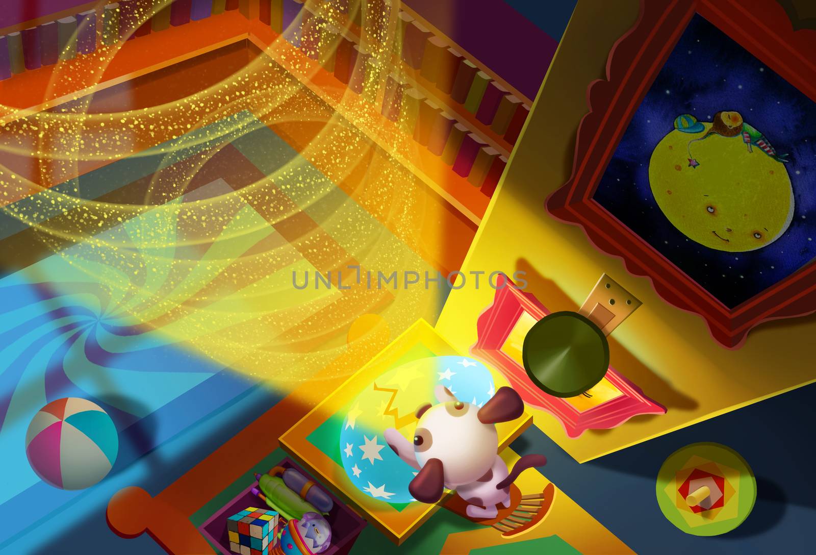 Illustration: Small dog opens the egg, magic rings grow to sky like Jack's beanstalk. He eager to see what's upper there with little master. Fantastic Cartoon Style. Wallpaper Background Scene Design. by NextMars