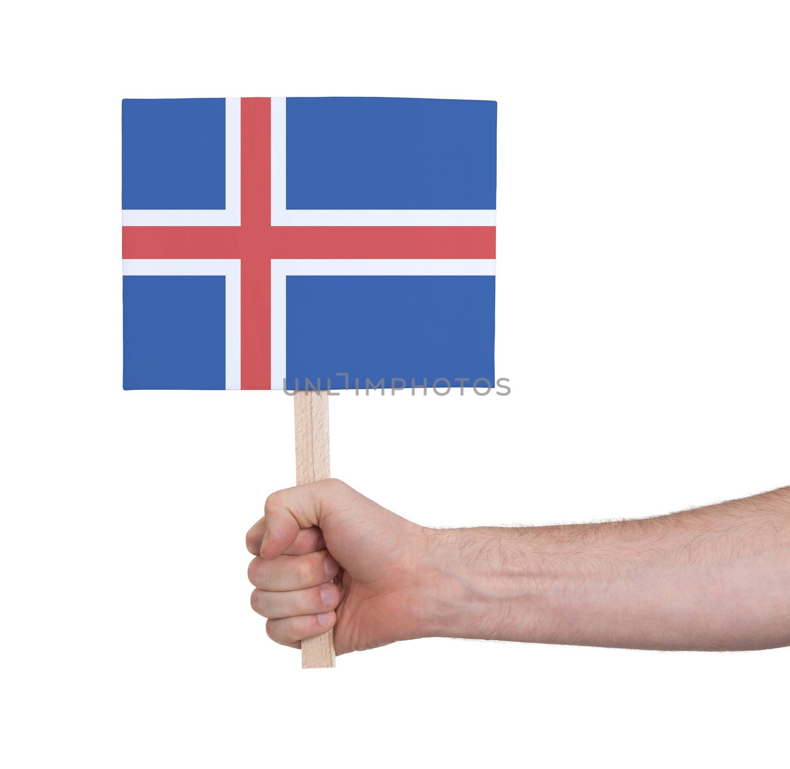 Hand holding small card, isolated on white - Flag of Iceland