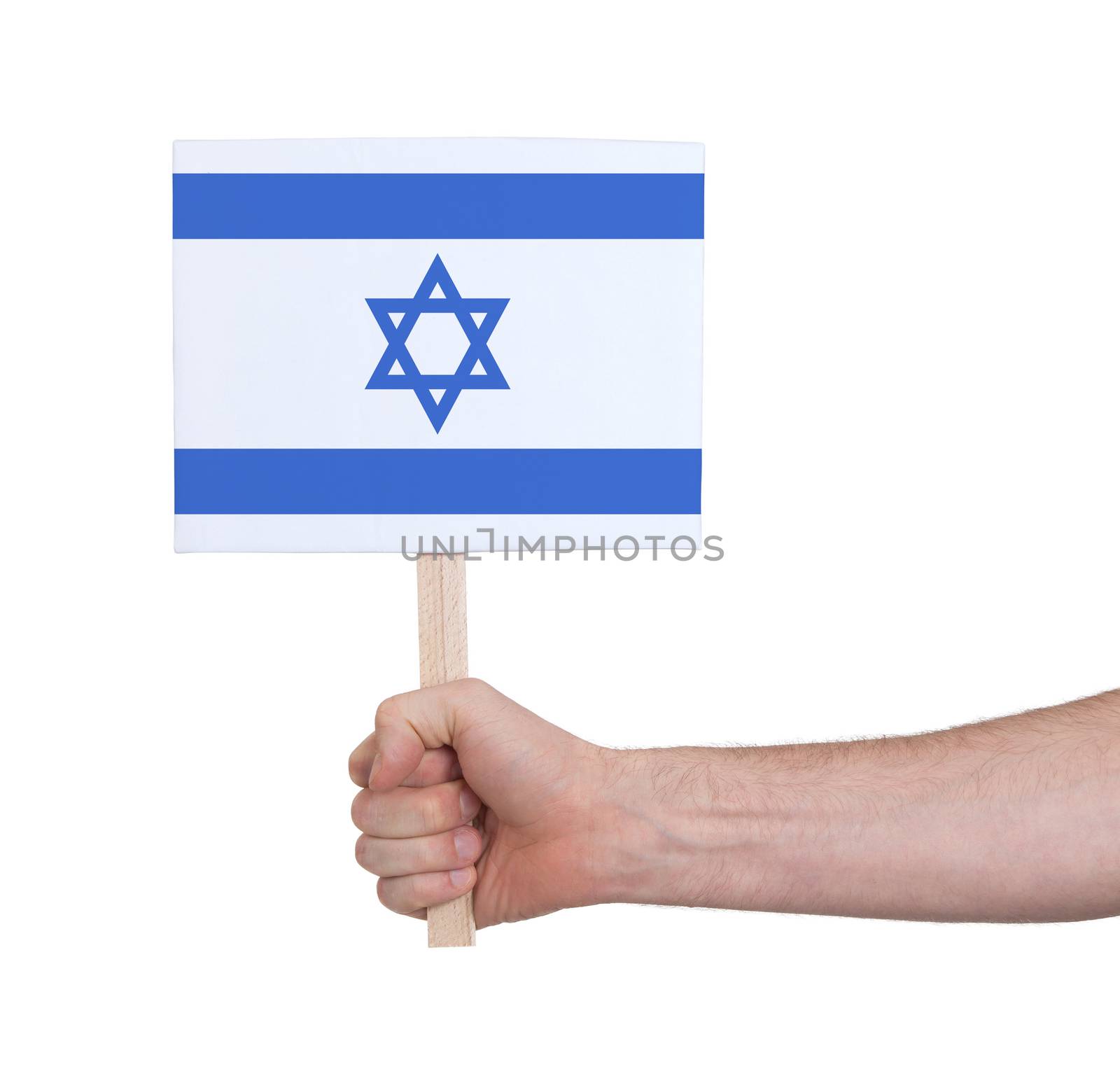 Hand holding small card, isolated on white - Flag of Israel