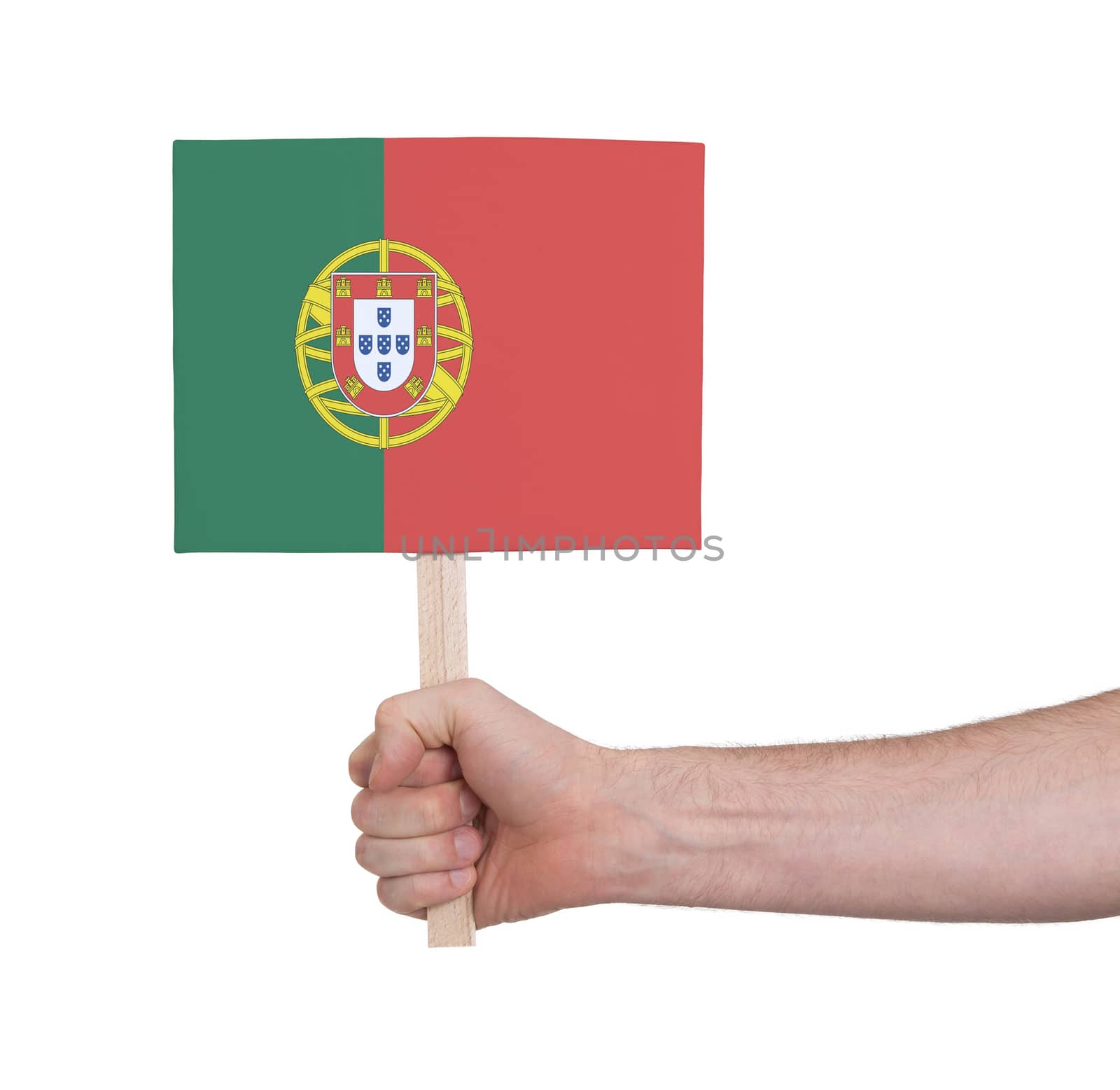 Hand holding small card, isolated on white - Flag of Portugal