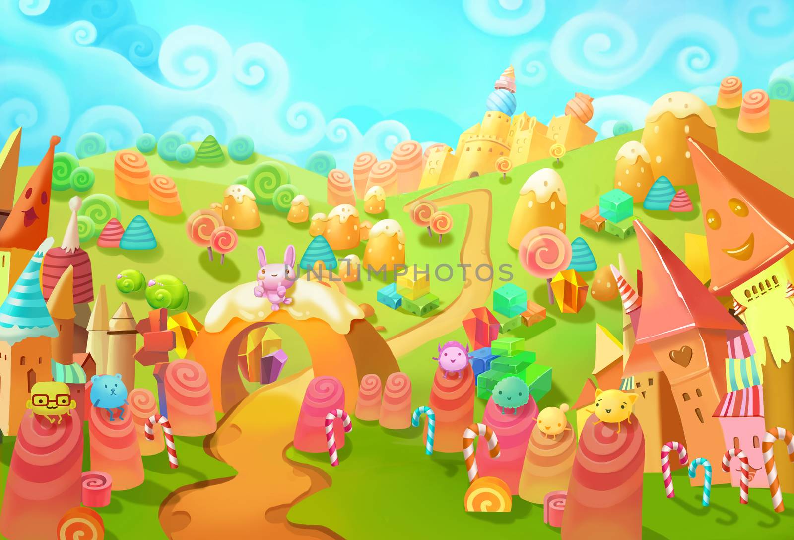 Illustration: Welcome to the Candy Land! - upgraded. You lost in forest and meet the candy world. Those little candy creatures saw you too. Welcome, they seems said. - Fantastic Style Scene Design