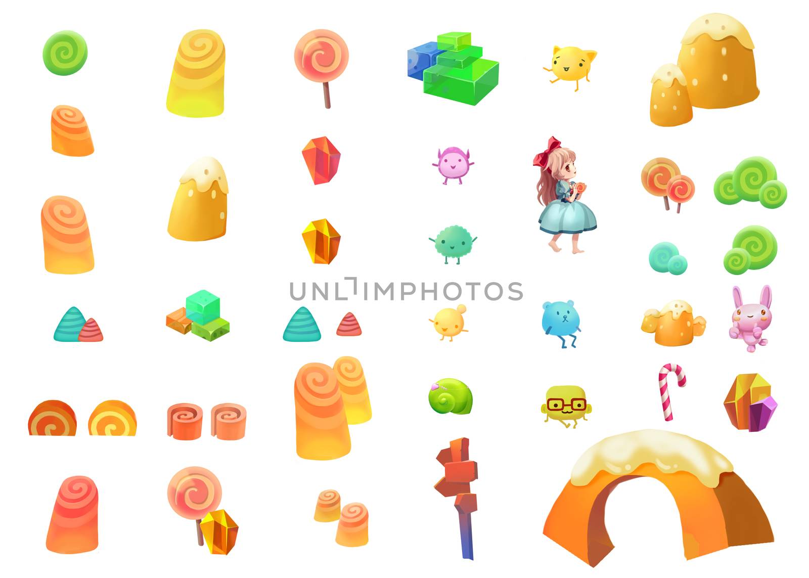 Illustrative Elements of Candy Land with White Background. Fantastic Style.