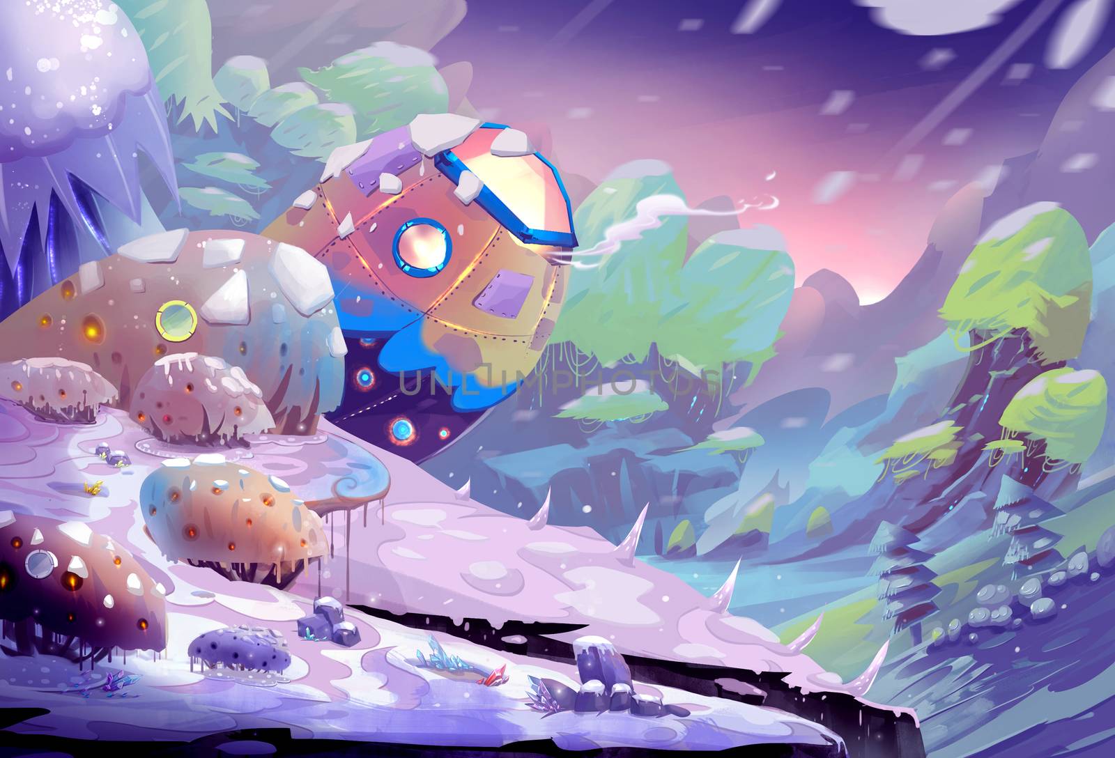 Illustration: The Odd Planet with Wind and Snow - Blizzard and wind storm attacks from time to time on this planet, we can't believe there are signs of lives.  - Scene Design - Fantastic Style