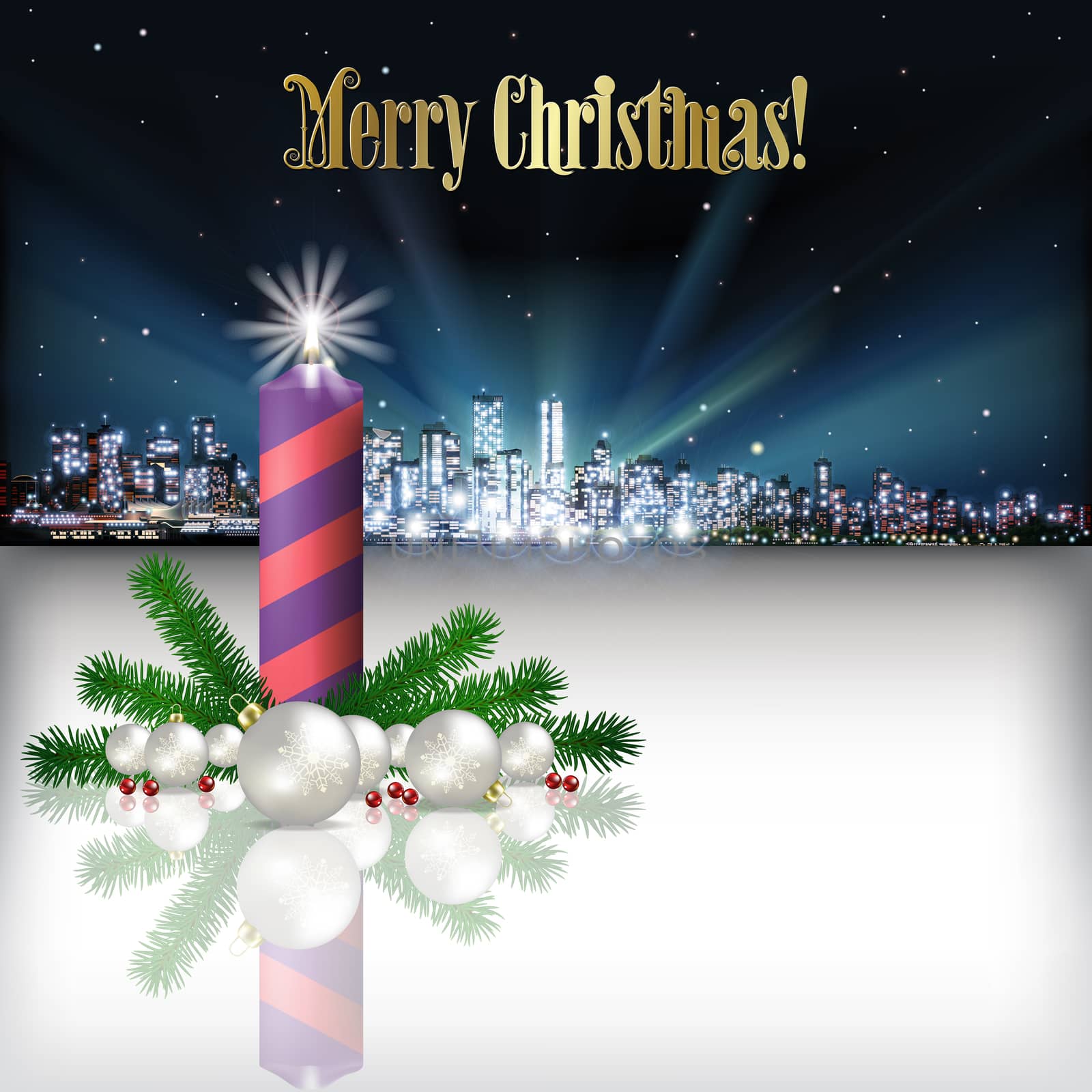 Abstract Christmas vector illustration with silhouette of city and candle