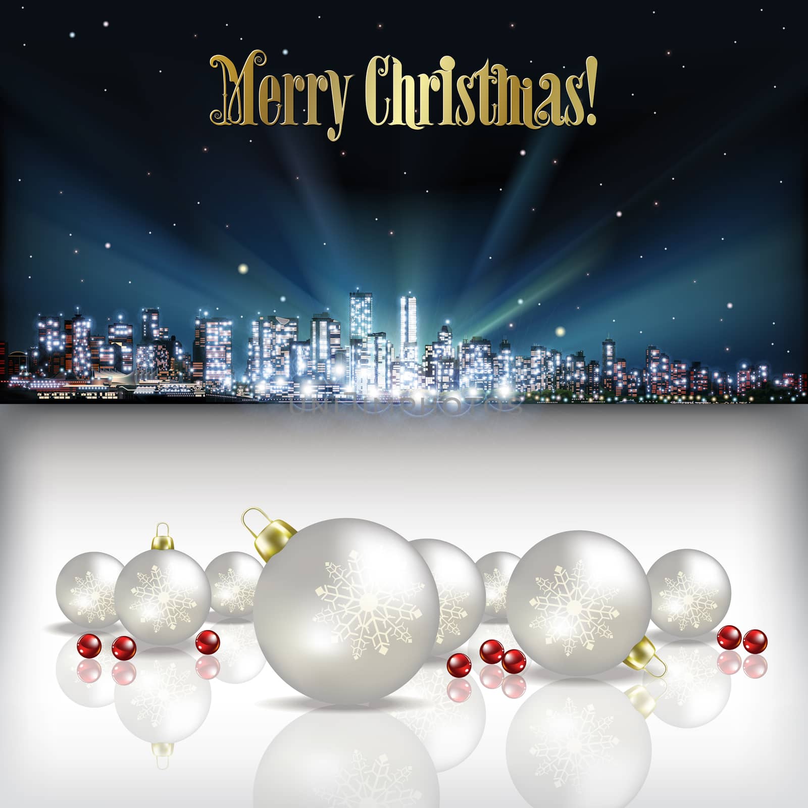 Abstract Christmas vector illustration with silhouette of city and white decorations