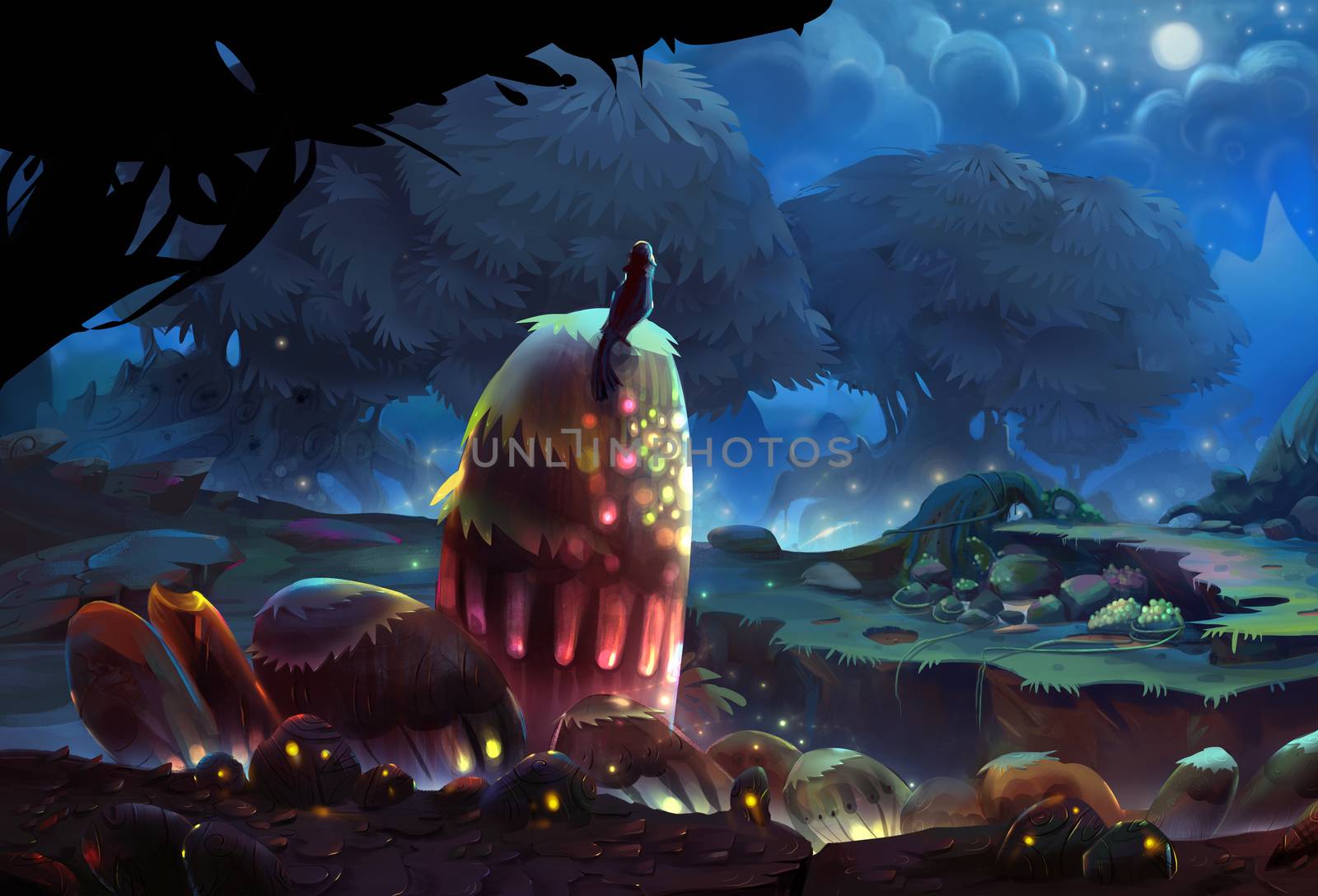 Illustration: The night is coming. The tiny bird stops and enjoy the moment of uprising of the fireflies. One of most amazing places in our tiny bird's journey of adventure. - Fantastic Scene Design