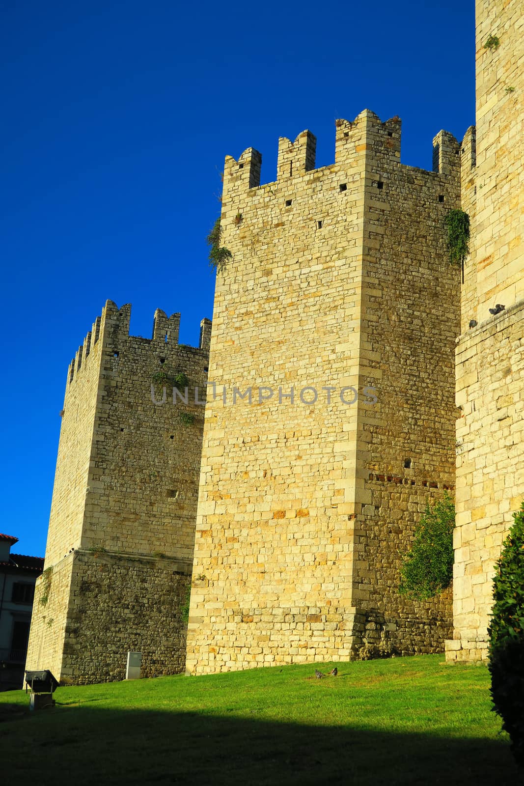 Views of medieval towers of the Emperor's Castle,a fortress with crenellated walls and towers. Built in Prato, Italy, for the medieval emperor and King of Sicily Frederick II, Holy Roman Emperor.It was built between 1237 and 1247 by Riccardo da Lentini.