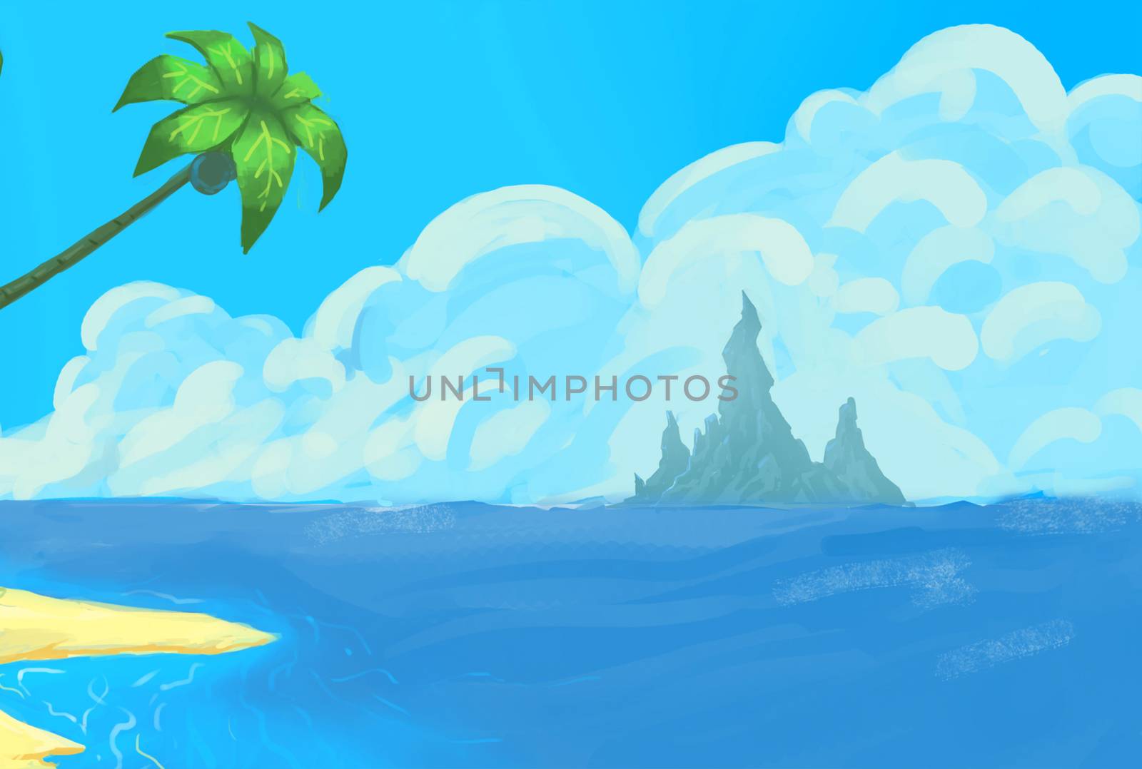 Illustration: The Watchtower on the Beach. Realistic / Cartoon Style. Fantastic Topic. Scene / Wallpaper / Background Design.