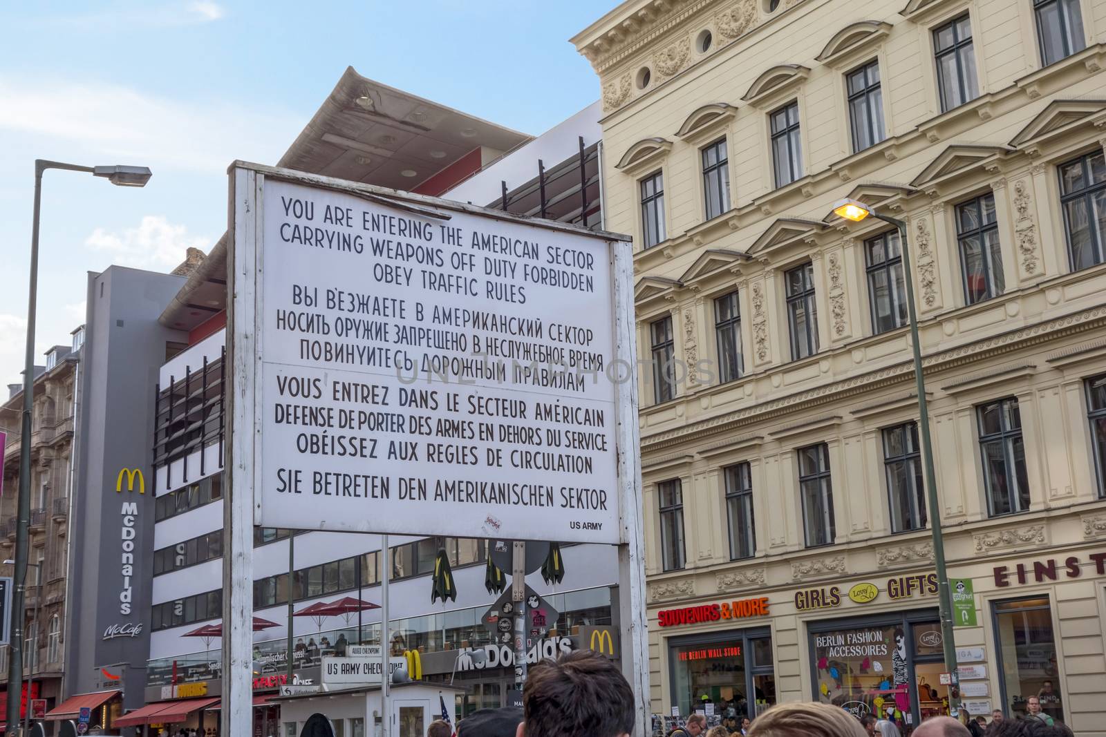 Berlin, Germany - October 26, 2013: Checkpoint Charlie streetview - it was the most famous crossing point between East and West Germany during the cold war.