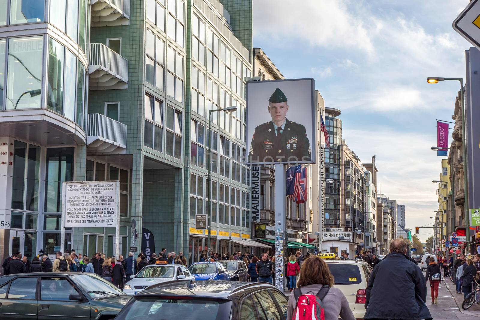Berlin, Germany - October 26, 2013: Checkpoint Charlie streetview - it was the most famous crossing point between East and West Germany during the cold war.