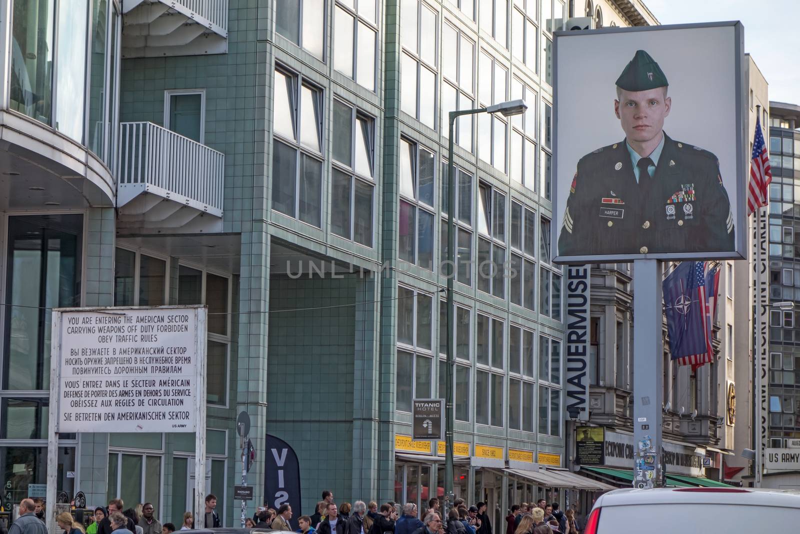 Berlin, Germany - October 26, 2013: Checkpoint Charlie streetview - it was the most famous crossing point between East and West Germany during the cold war.
