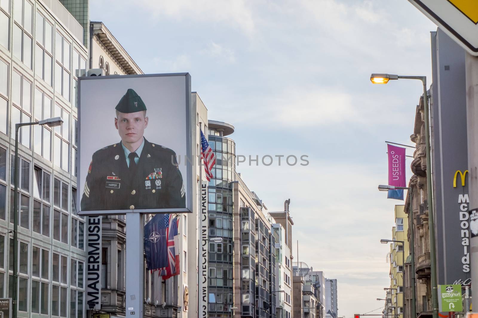 Berlin, Germany - October 26, 2013: Checkpoint Charlie streetview - it was the most famous crossing point between East and West Germany during the cold war.