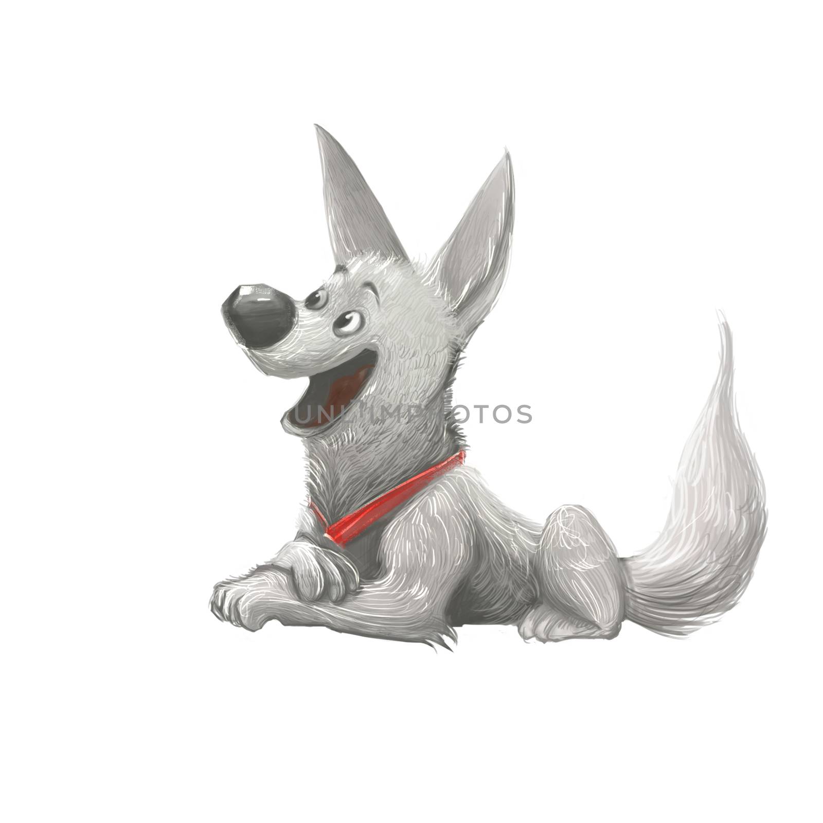 Illustration: The White Happy Dog of an adventure boy. Realistic / Fantastic Style. Scene / Wallpaper Design