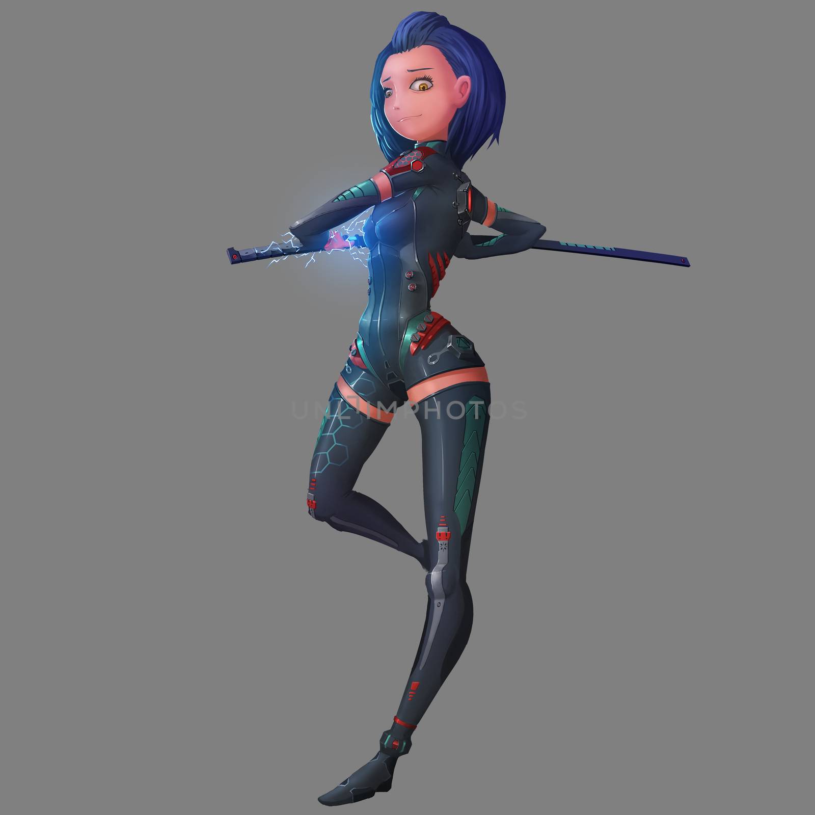 High Tech Ninja Girl with Gray Background - Character Design by NextMars