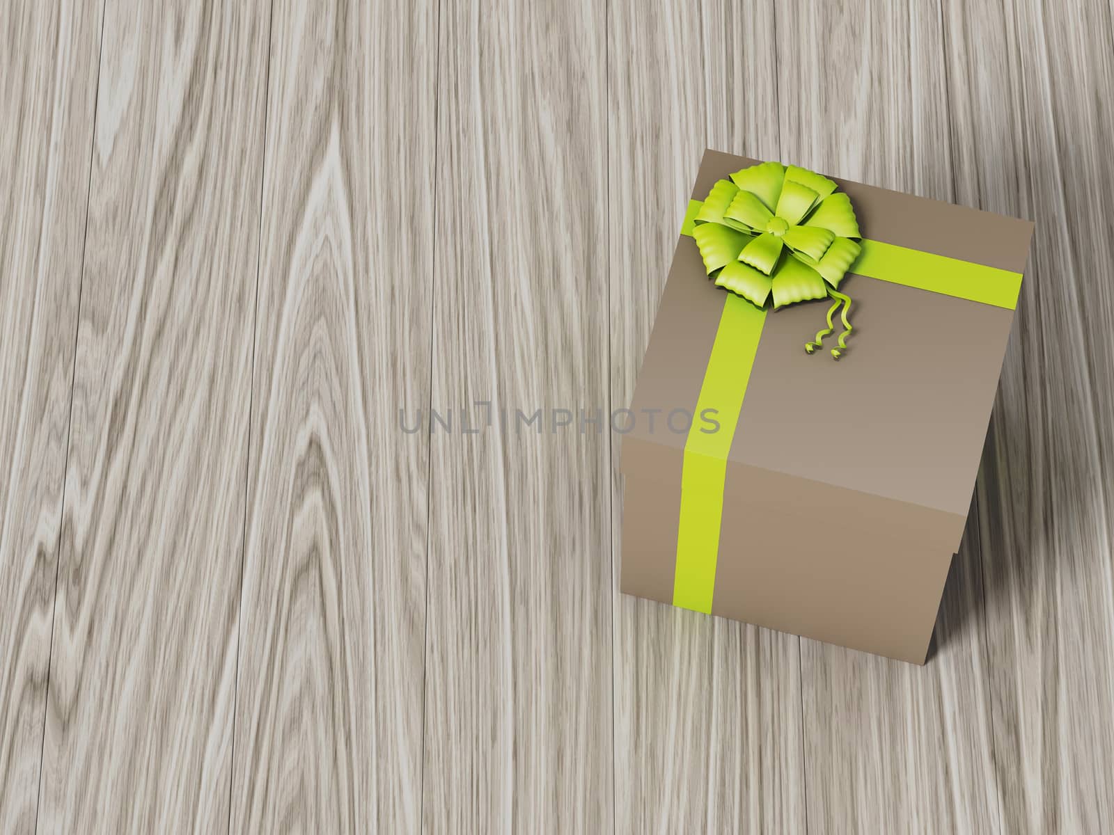 dark brown gift box with green ribbon bow by teerawit