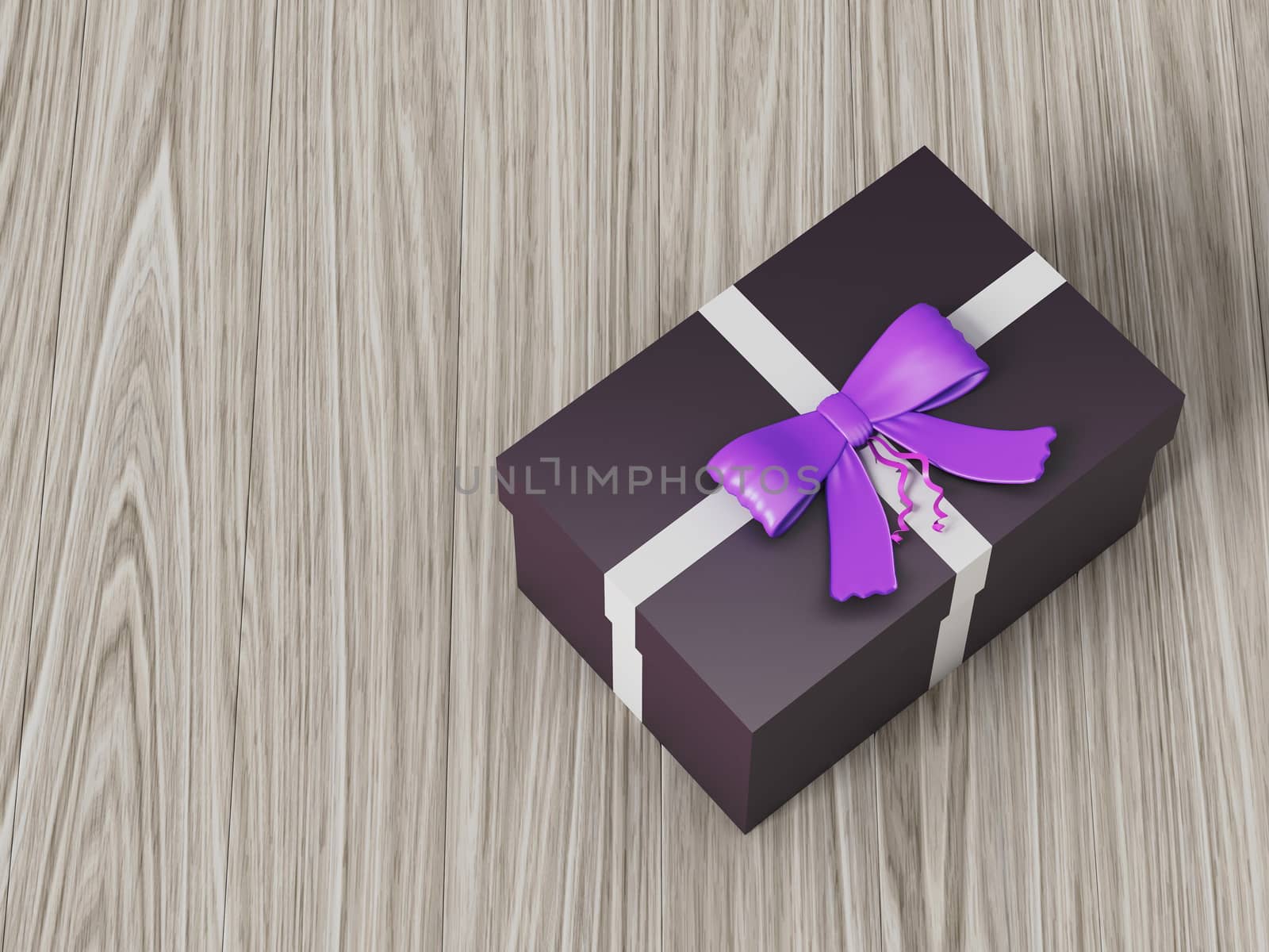 dark brown gift box with purple ribbon bow by teerawit