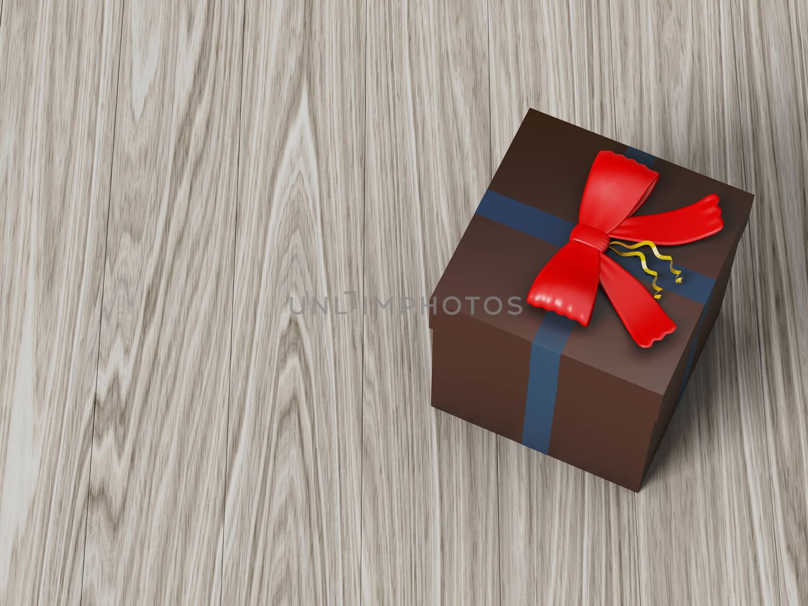 dark brown gift box with red ribbon bow, on wooden background