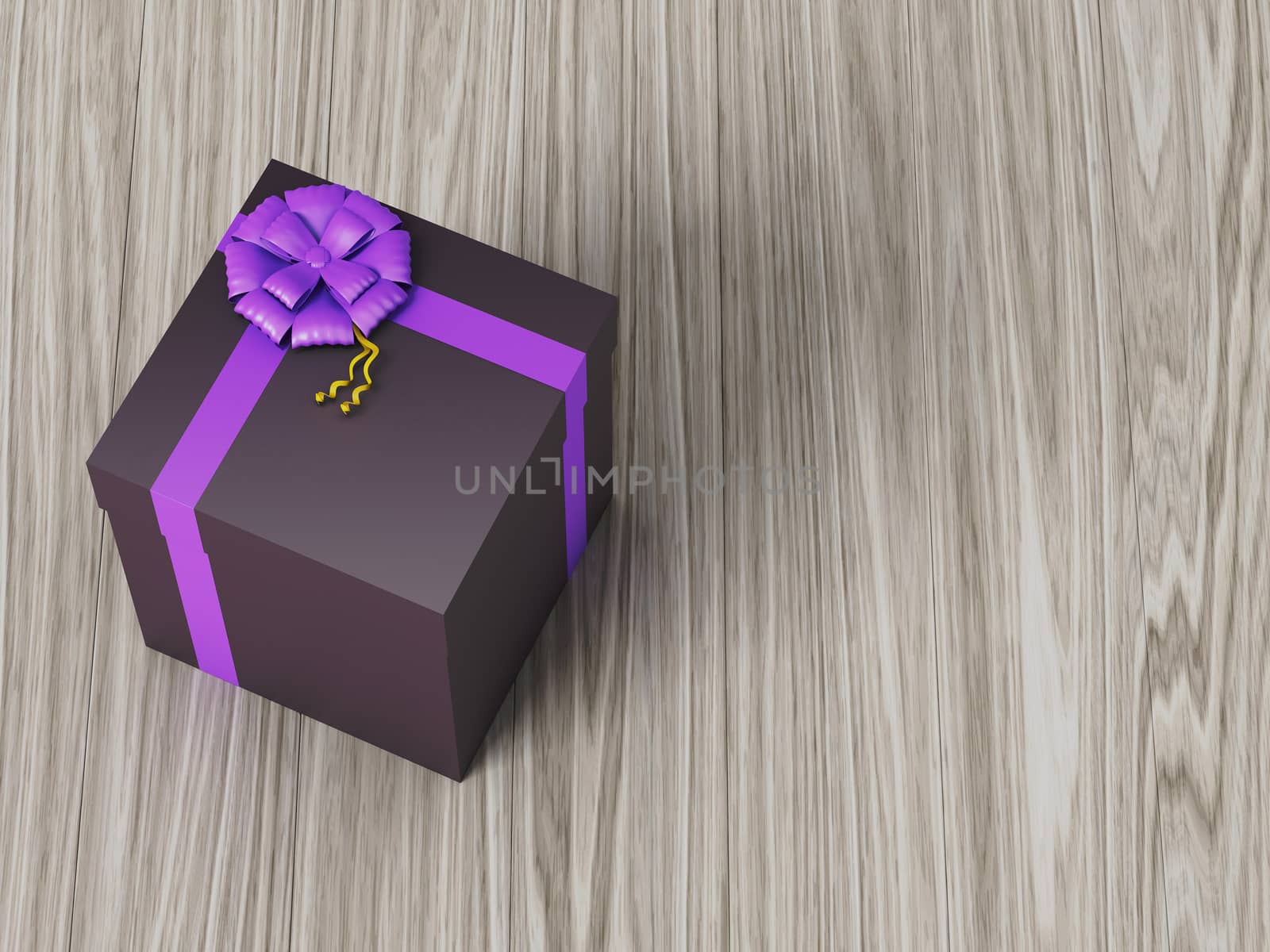 dark brown gift box with purple ribbon bow by teerawit