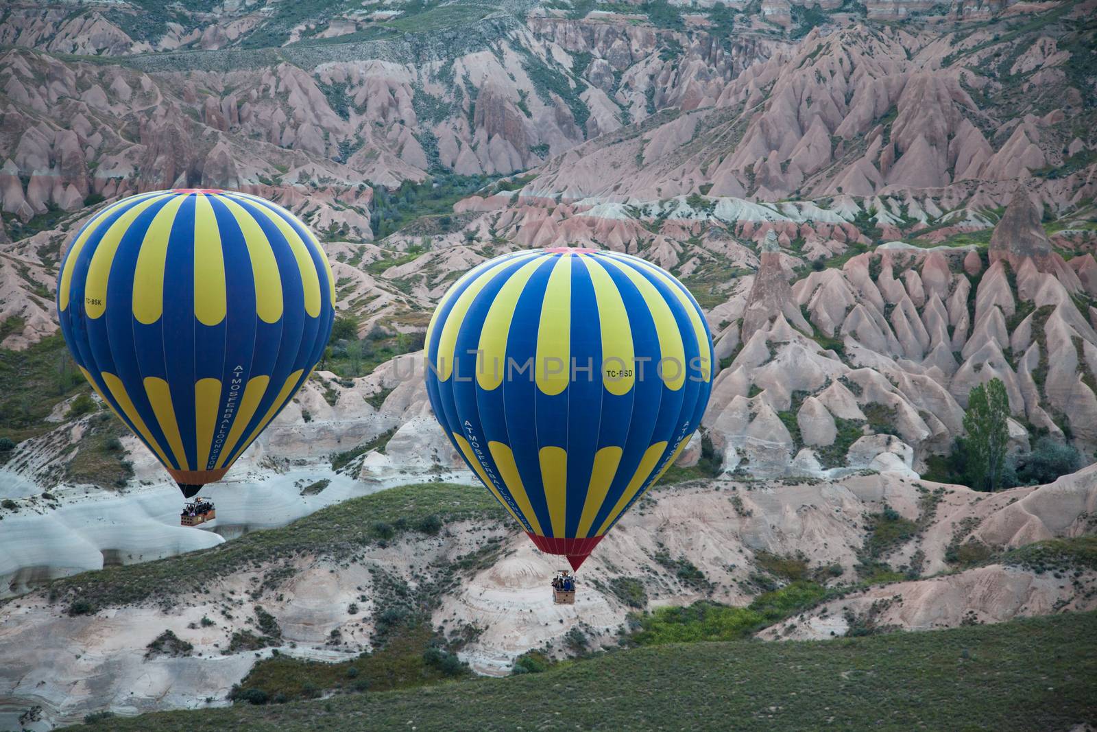 Pair of hot air balloons cruising in air by haiderazim