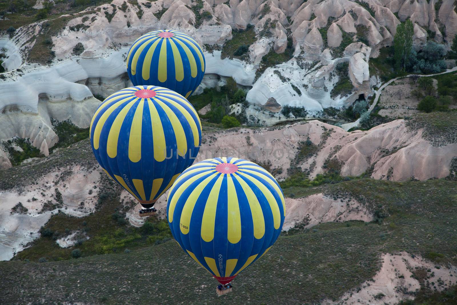 Pair of hot air balloons cruising in air