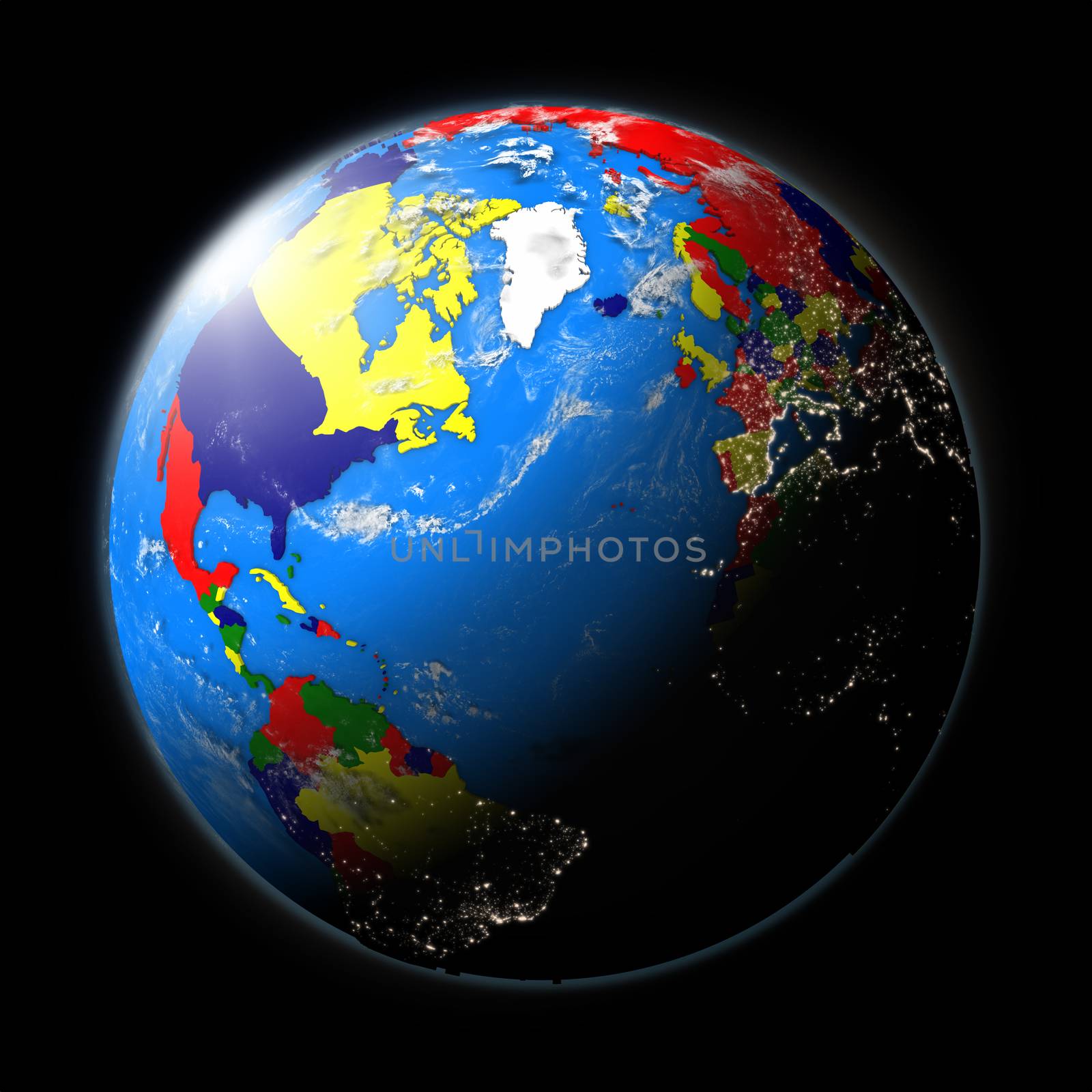 Northern hemisphere with countries on planet Earth isolated on black background.