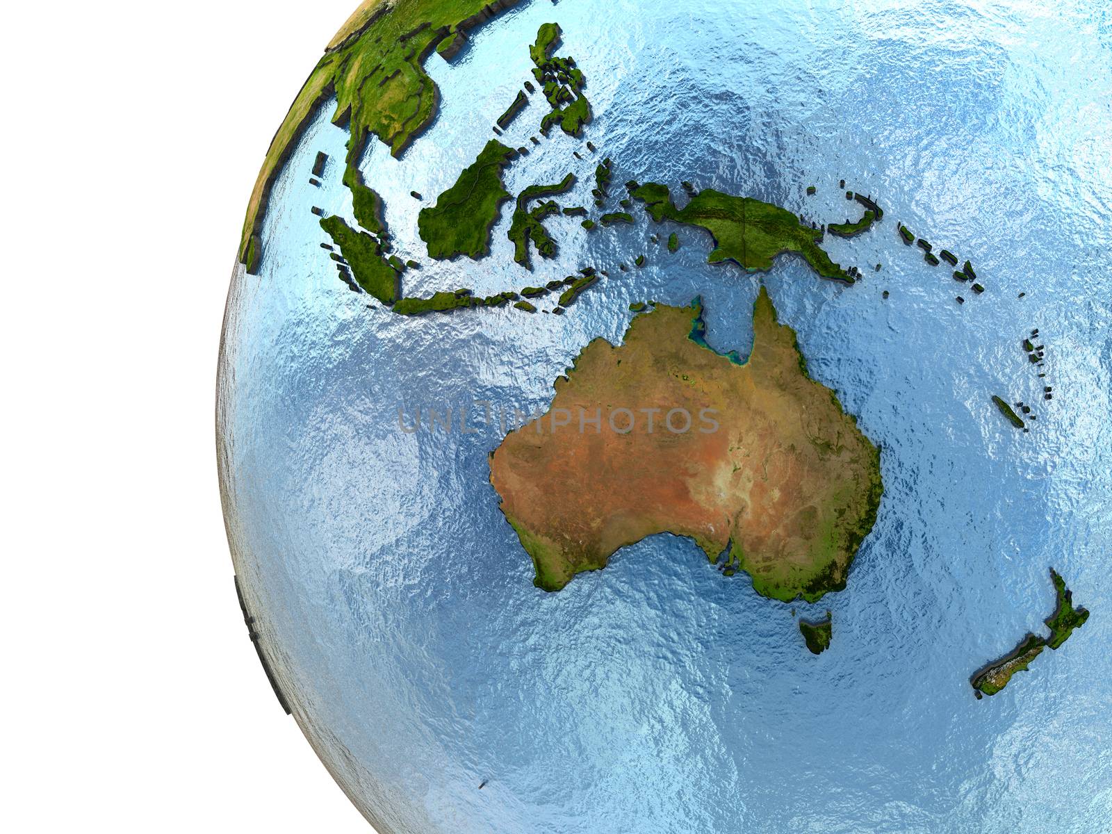 Australia on highly detailed planet Earth with embossed continents and country borders. Elements of this image furnished by NASA.
